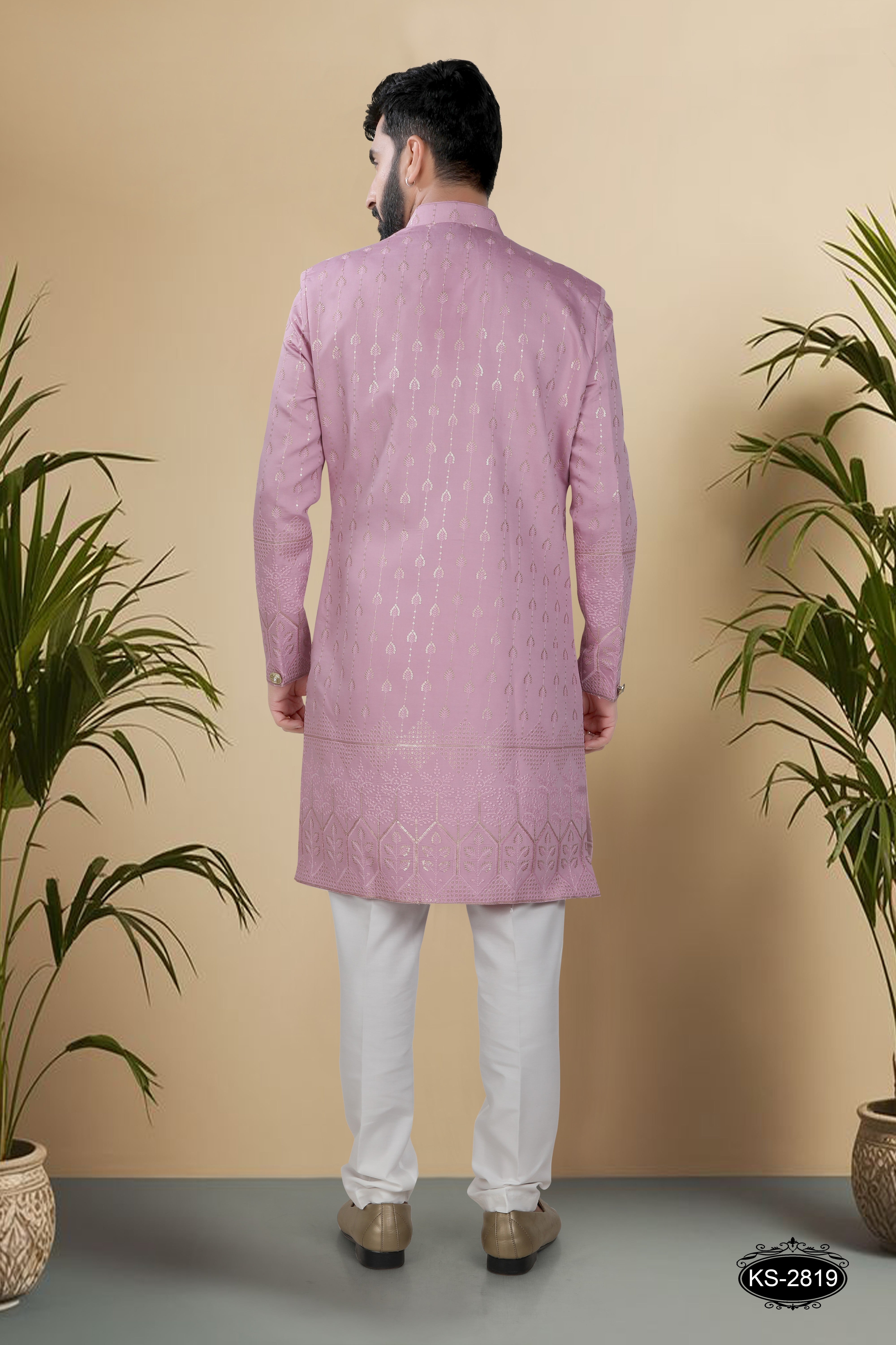 INDO-WESTERN SET IN ONION-PINK HUE WITH PANEL & THREAD EMBROIDERY