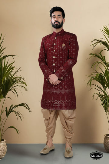 MAROON HUE IND-WESTERN SET WITH HEAVY PANEL & THREAD EMBROIDERY ALL-OVER