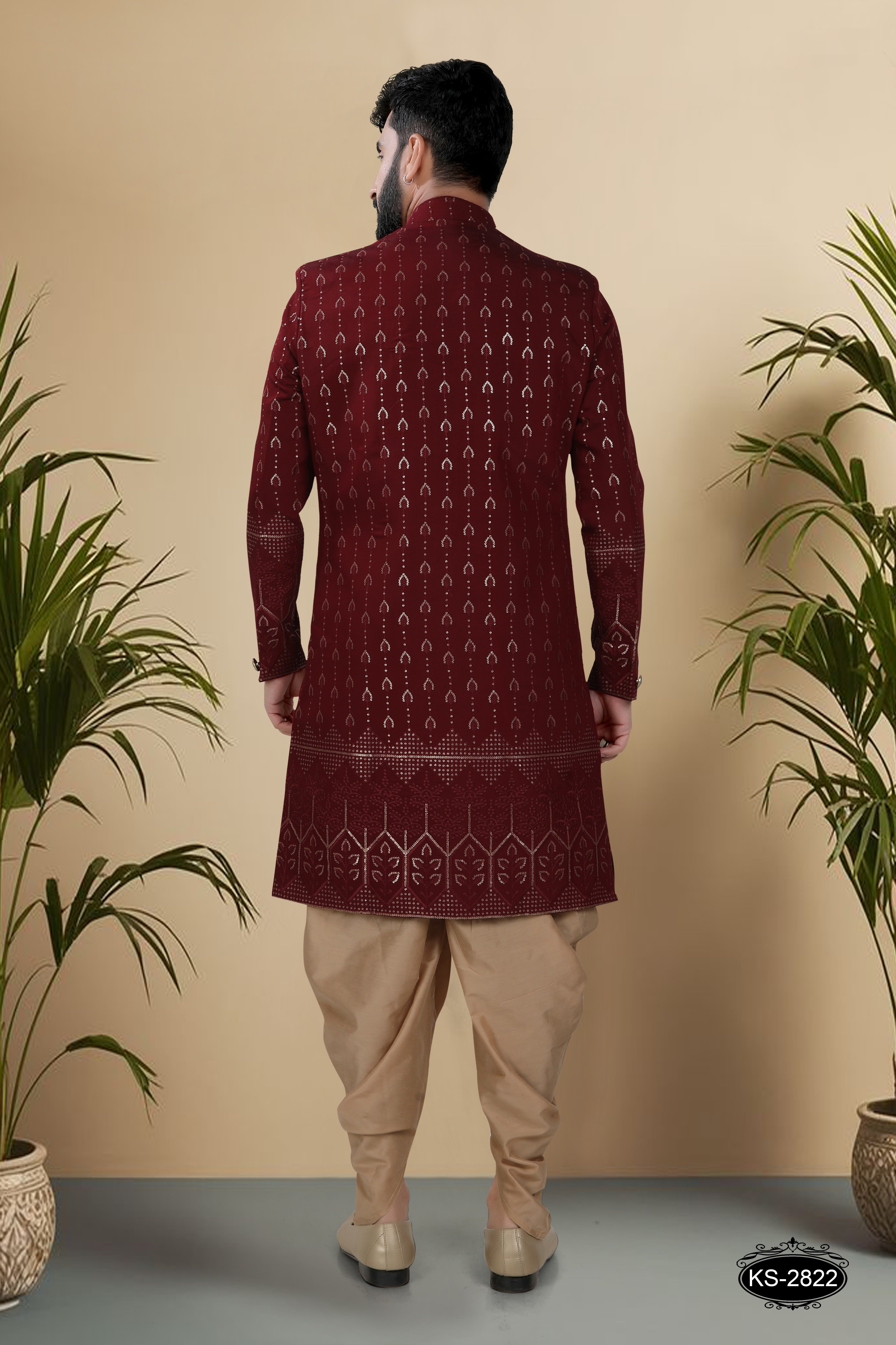 MAROON HUE IND-WESTERN SET WITH HEAVY PANEL & THREAD EMBROIDERY ALL-OVER