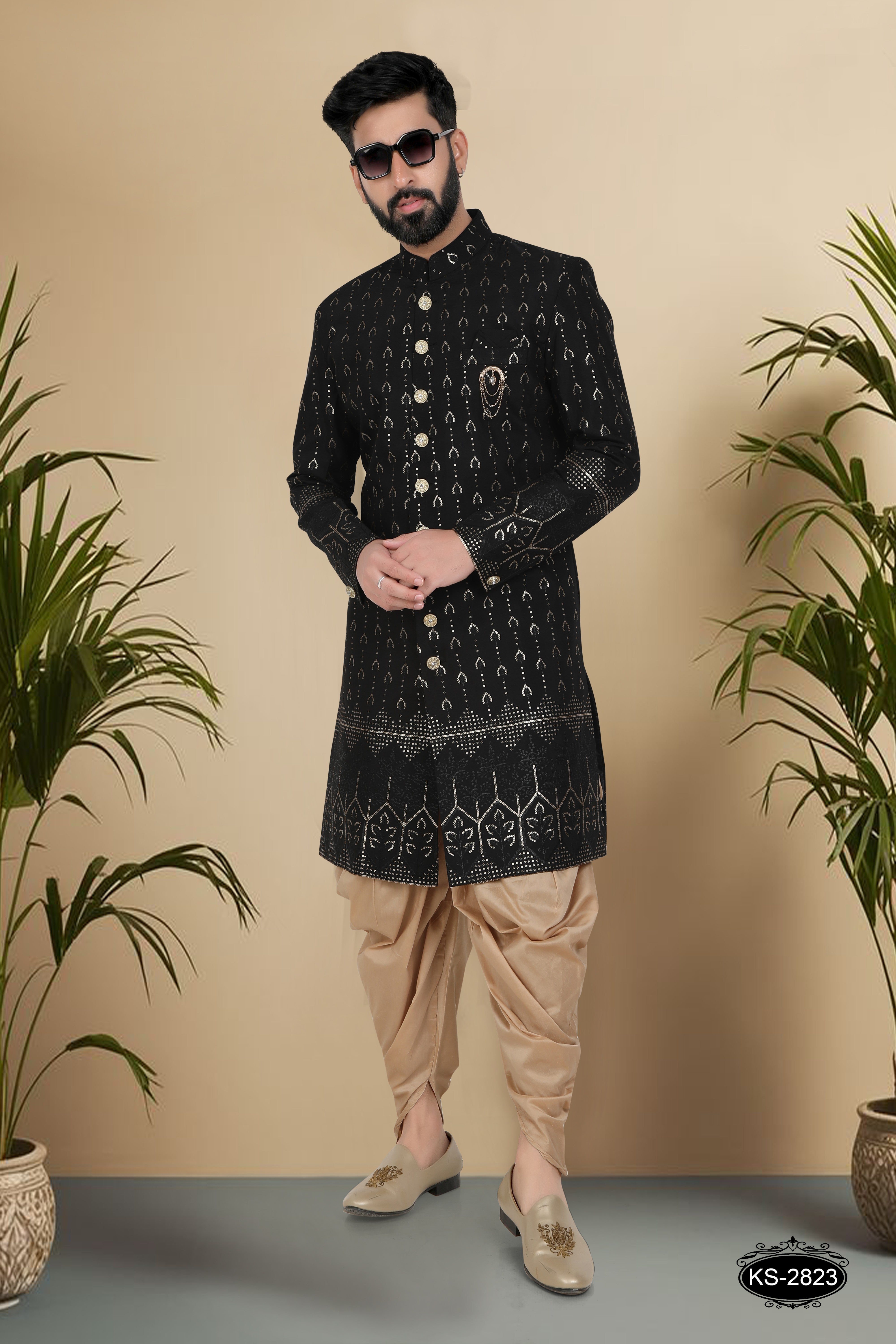 INDO-WESTERN SET IN BLACK TONE WITH HEAVY PANEL & THREAD EMBROIDERY ALL-OVER