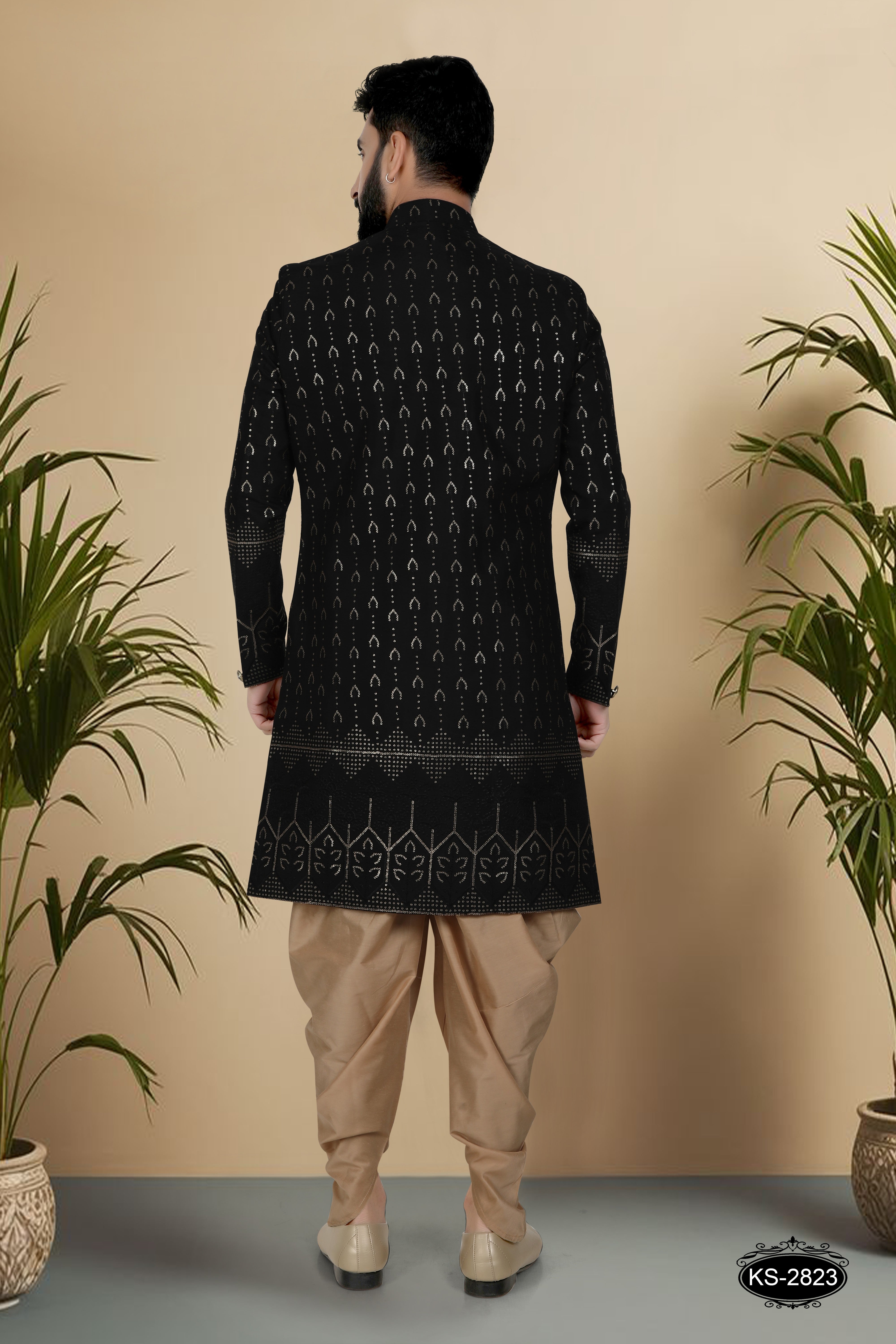 INDO-WESTERN SET IN BLACK TONE WITH HEAVY PANEL & THREAD EMBROIDERY ALL-OVER