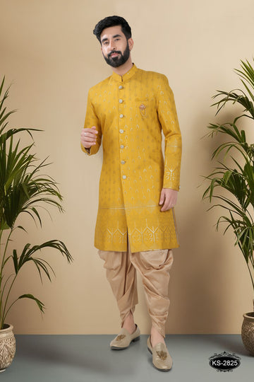INDO-WESTERN SET IN YELLOW TONE WITH HEAVY PANEL & THREAD EMBROIDERY ALL-OVER