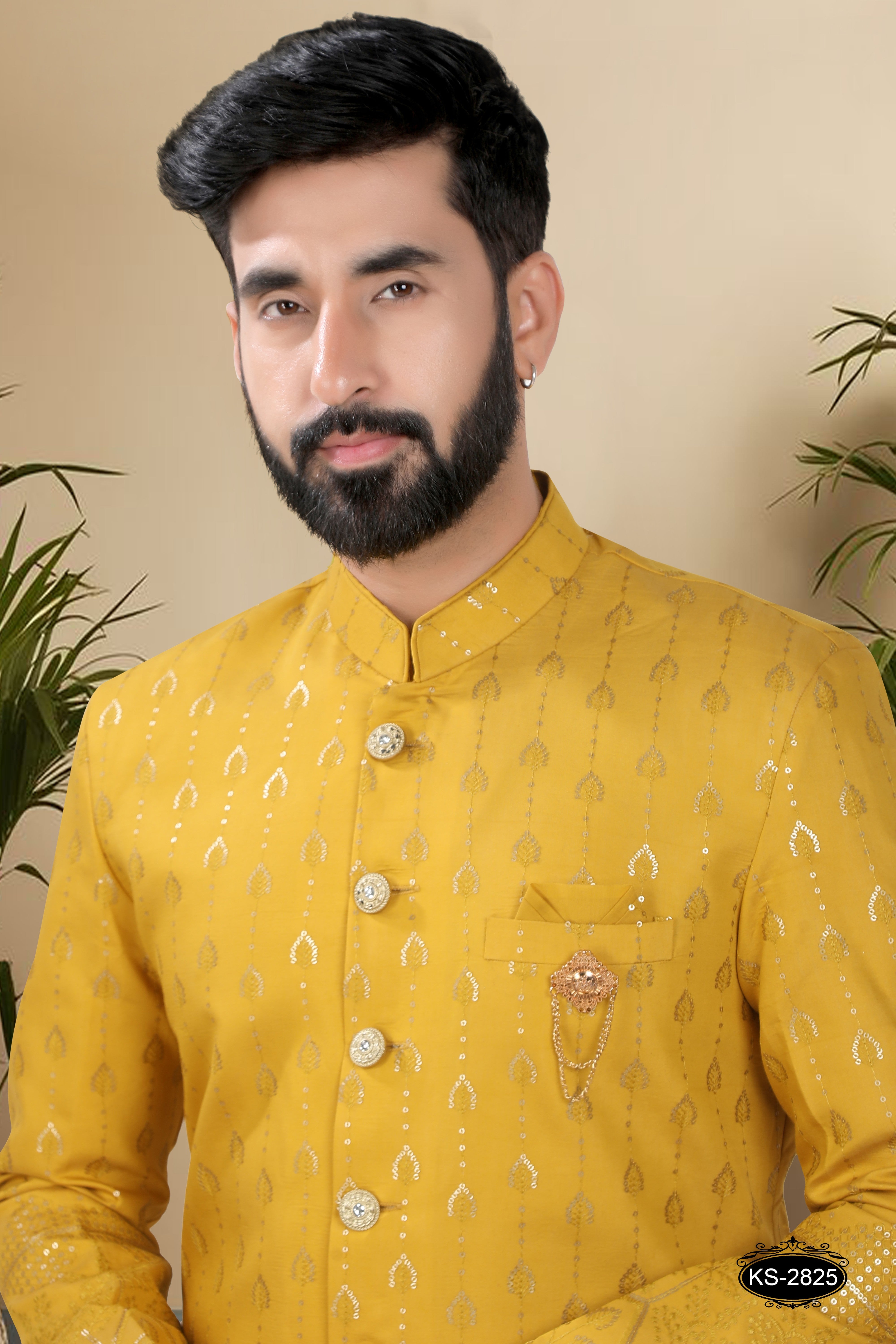 INDO-WESTERN SET IN YELLOW TONE WITH HEAVY PANEL & THREAD EMBROIDERY ALL-OVER