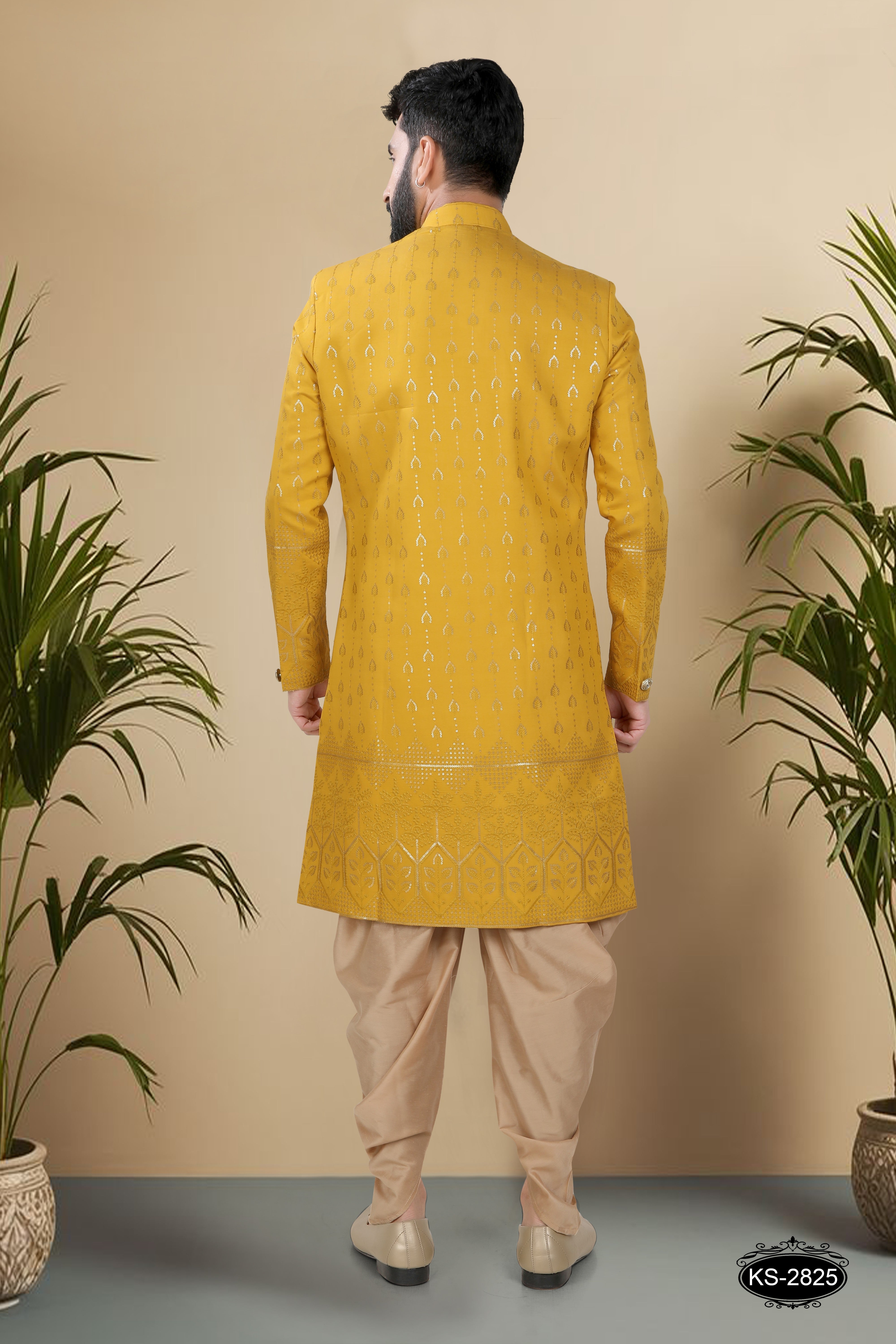 INDO-WESTERN SET IN YELLOW TONE WITH HEAVY PANEL & THREAD EMBROIDERY ALL-OVER