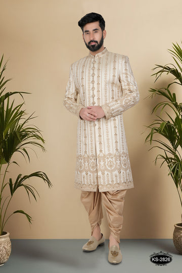 GOLD SHERWANI SET WITH HEAVY PANEL & THREAD EMBROIDERY ALL-OVER