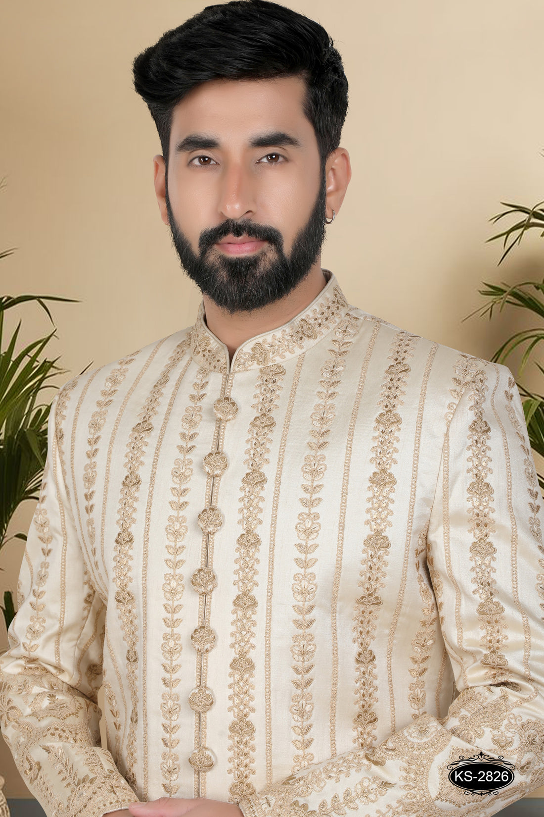 GOLD SHERWANI SET WITH HEAVY PANEL & THREAD EMBROIDERY ALL-OVER