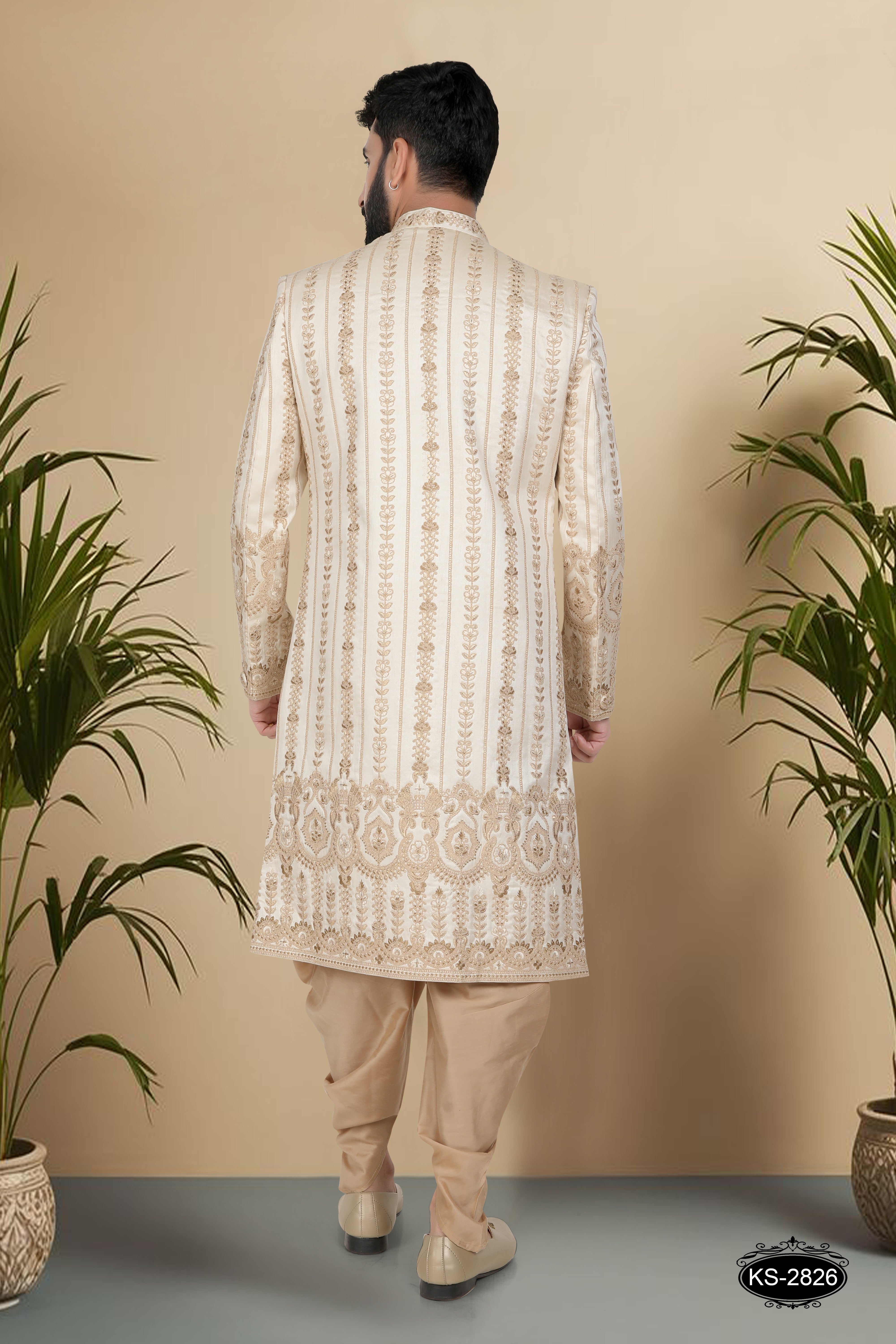 GOLD SHERWANI SET WITH HEAVY PANEL & THREAD EMBROIDERY ALL-OVER