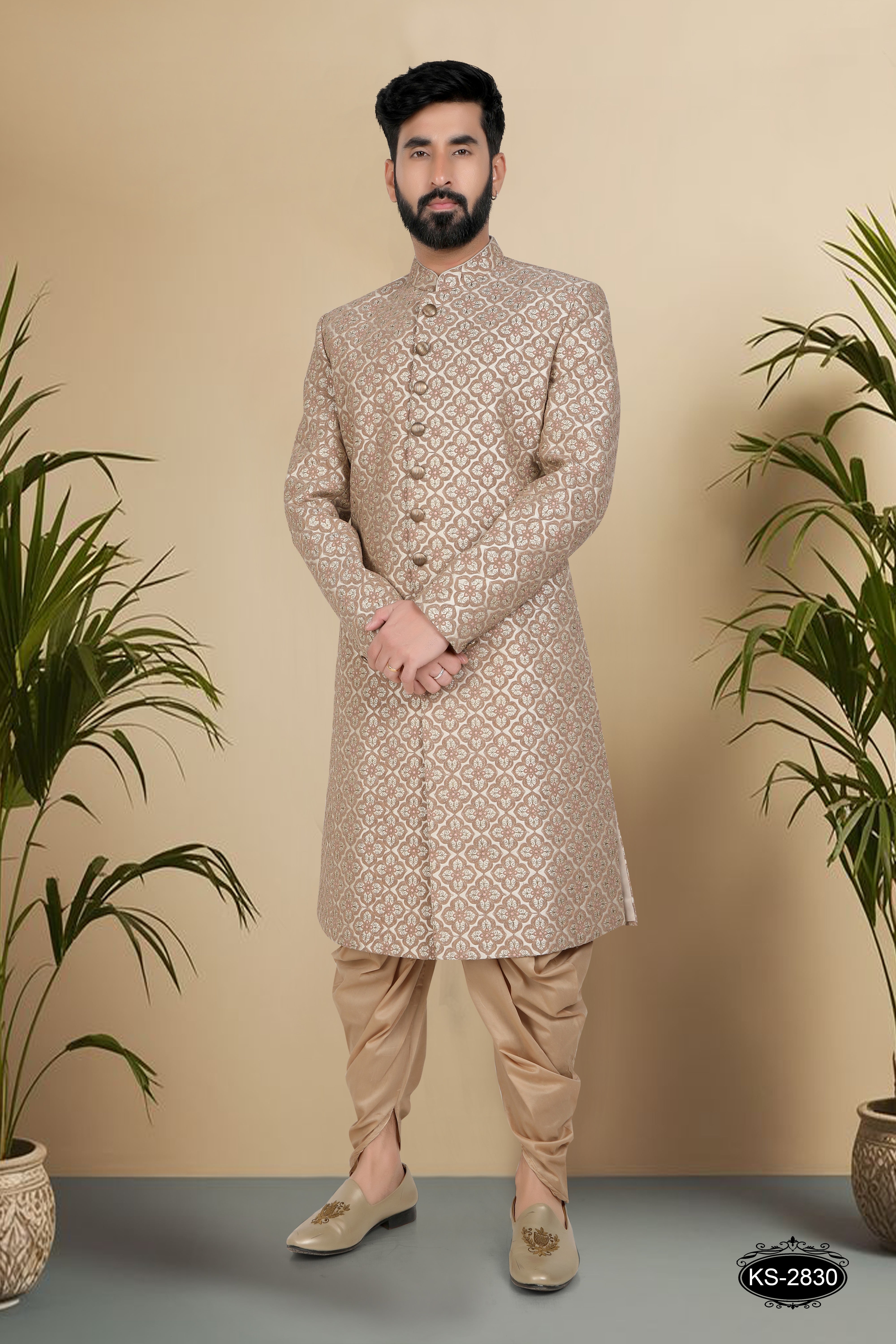 GOLD SHERWANI SET WITH HEAVY THREAD EMBROIDERY ALL-OVER