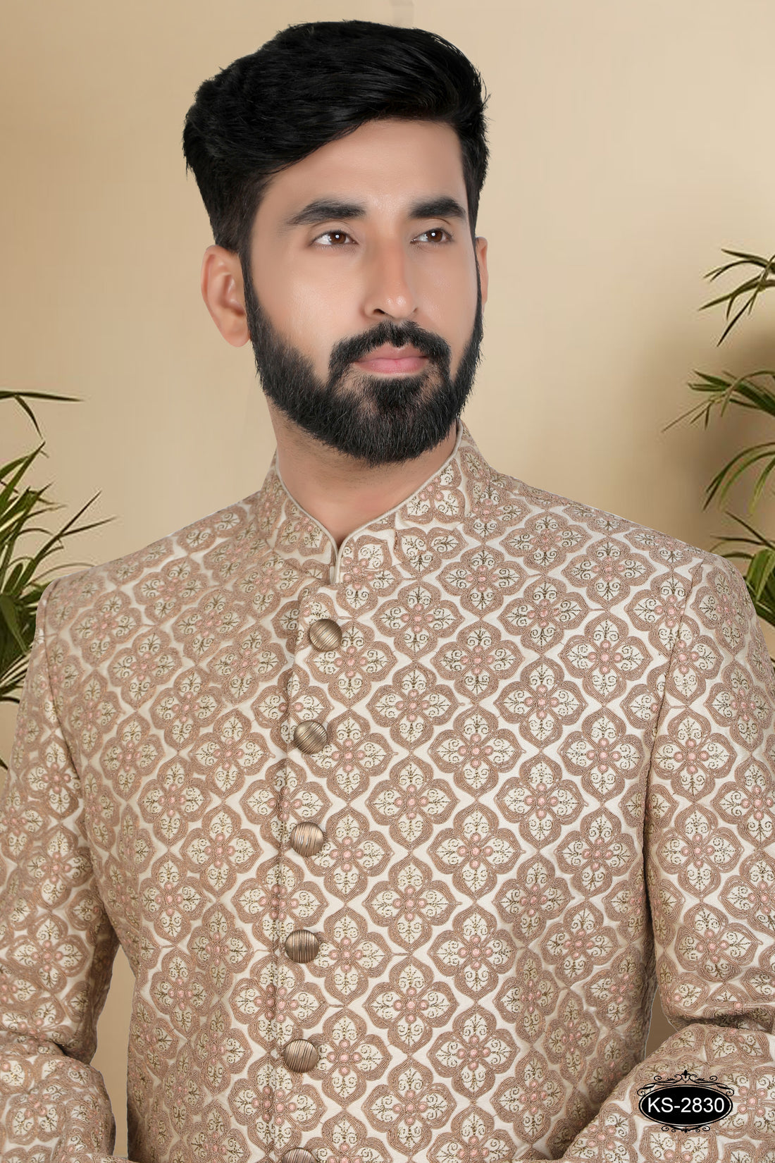 GOLD SHERWANI SET WITH HEAVY THREAD EMBROIDERY ALL-OVER