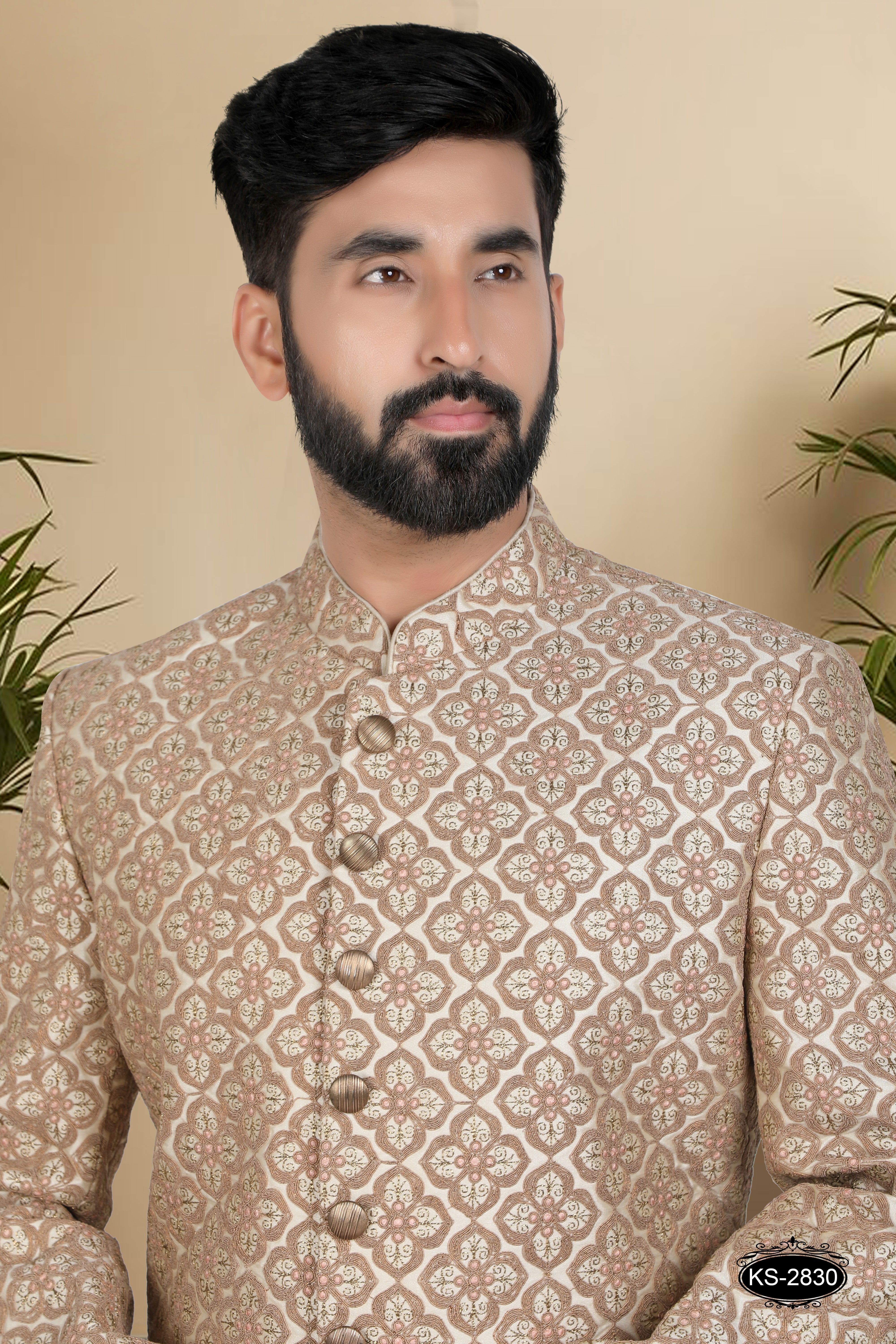 GOLD SHERWANI SET WITH HEAVY THREAD EMBROIDERY ALL-OVER