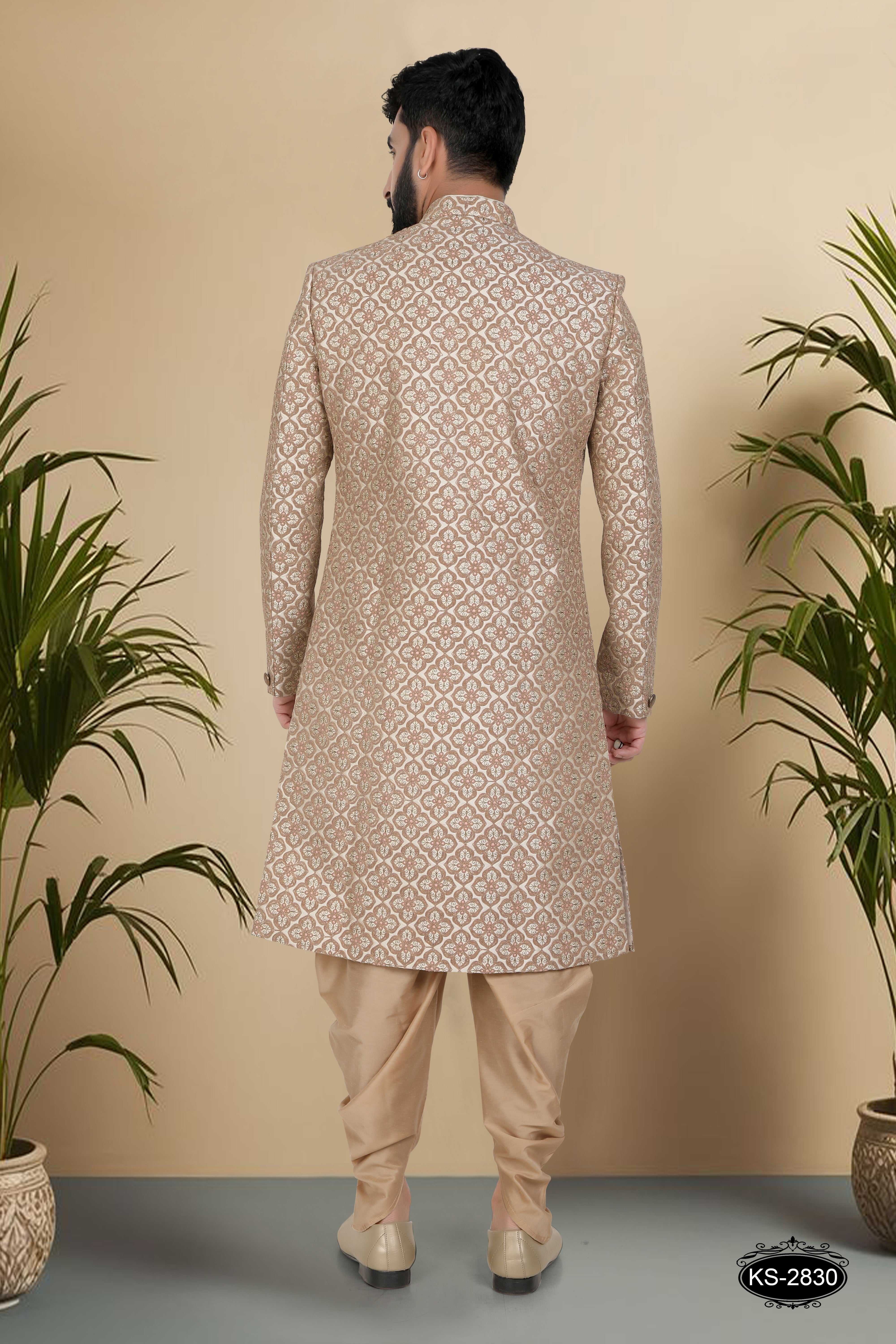 GOLD SHERWANI SET WITH HEAVY THREAD EMBROIDERY ALL-OVER