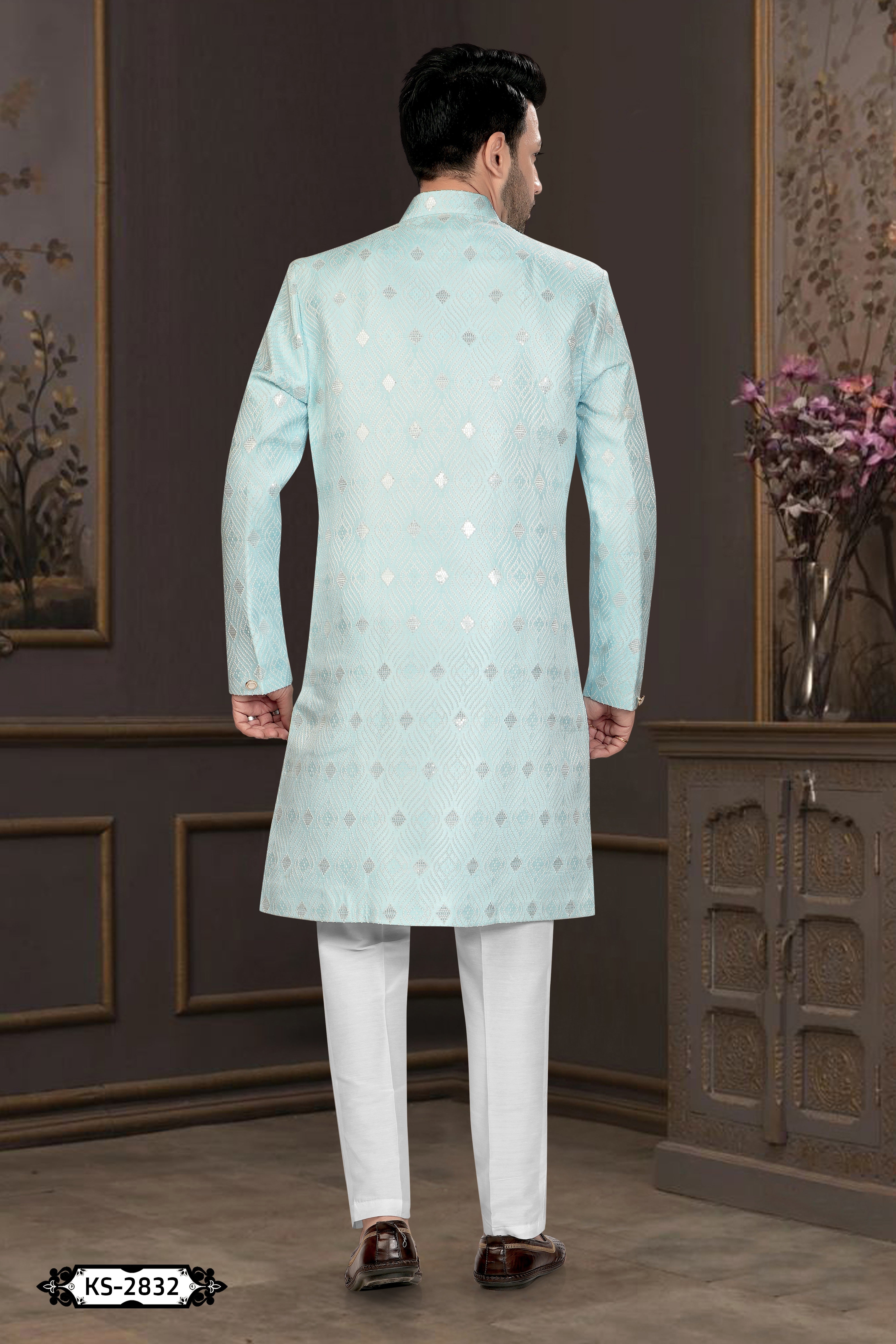 LIGHT-BLUE HUE INDO-WESTERN SET WITH SELF-DESIGN FOR EVERY OCCASIONS