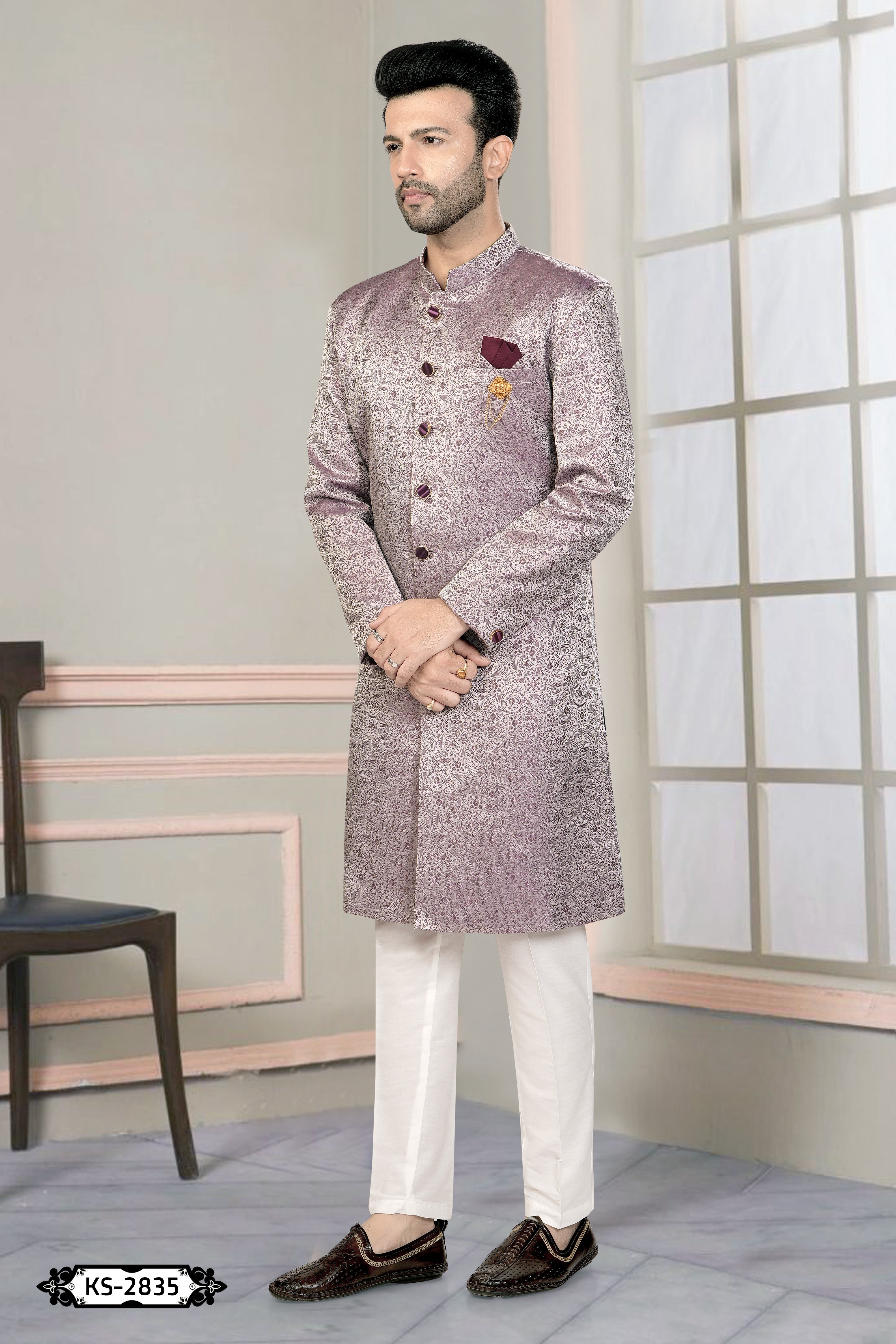 WINE TONE INDO-WESTERN SET WITH SELF-DESIGN FOR EVERY CEREMONIES