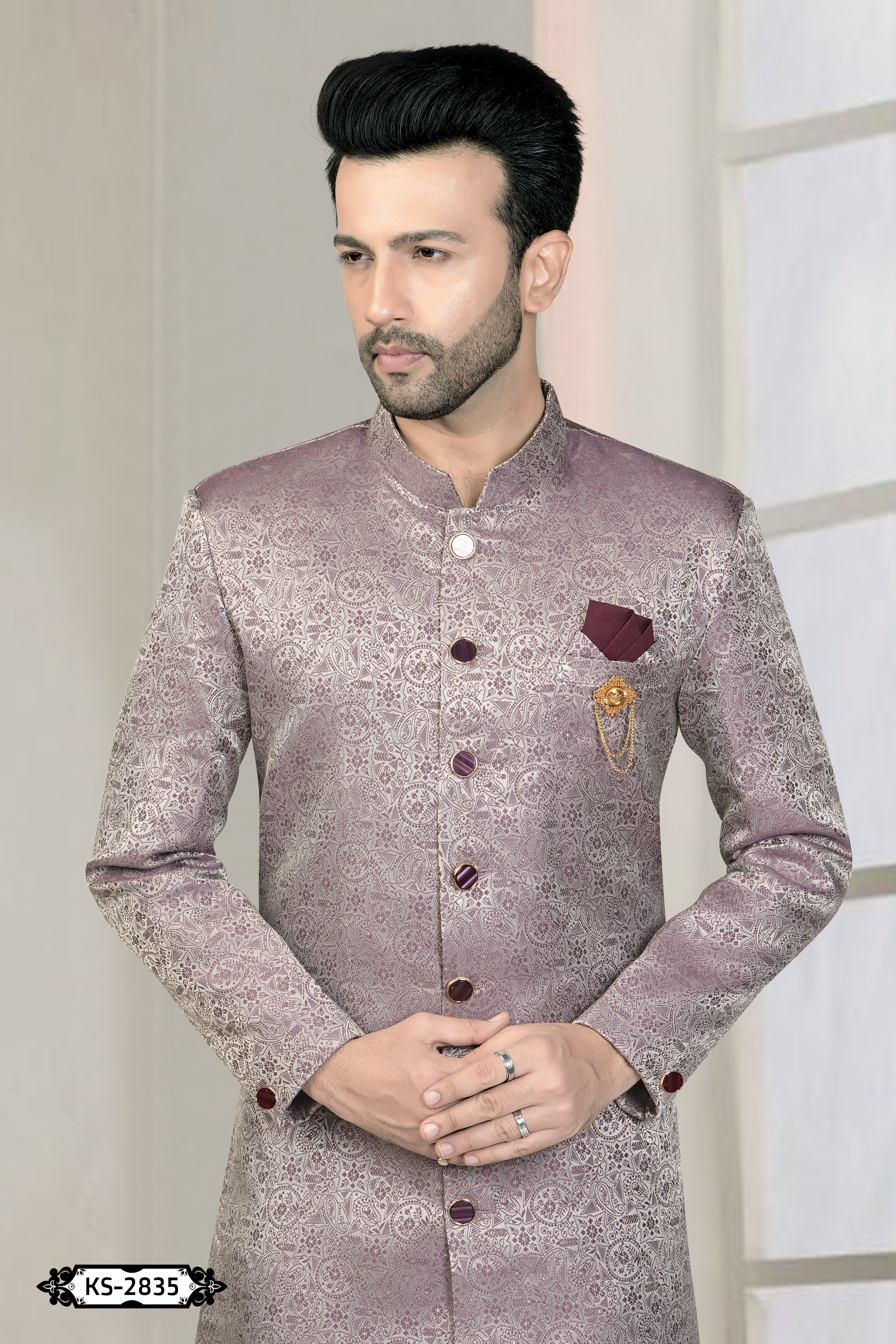 WINE TONE INDO-WESTERN SET WITH SELF-DESIGN FOR EVERY CEREMONIES