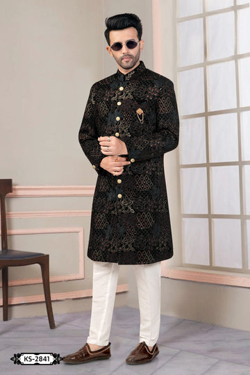 BLACK ( MULTI-TONE ) INDO-WESTERN SET WITH THREAD EMBROIDERY ALL-OVER