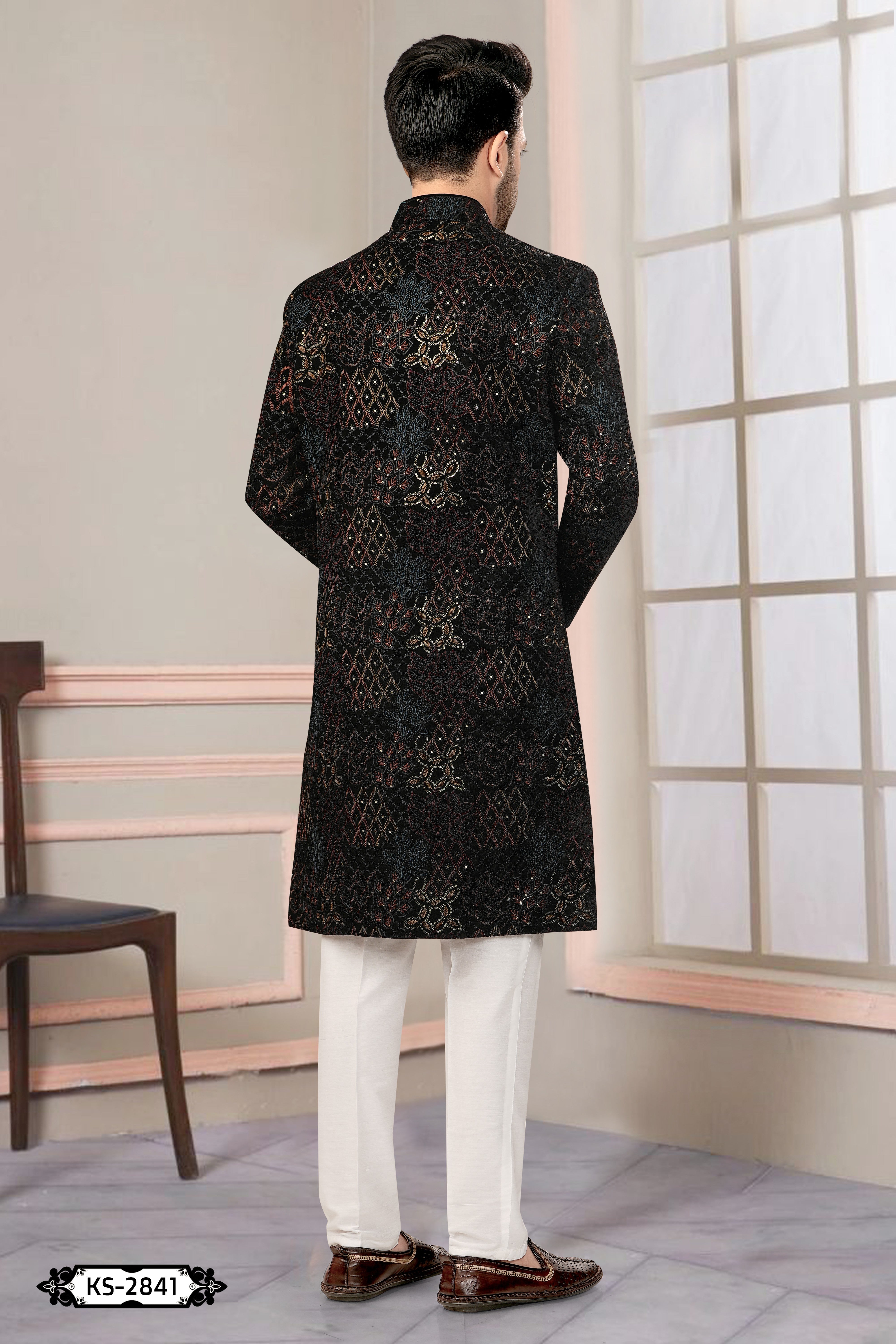 BLACK ( MULTI-TONE ) INDO-WESTERN SET WITH THREAD EMBROIDERY ALL-OVER