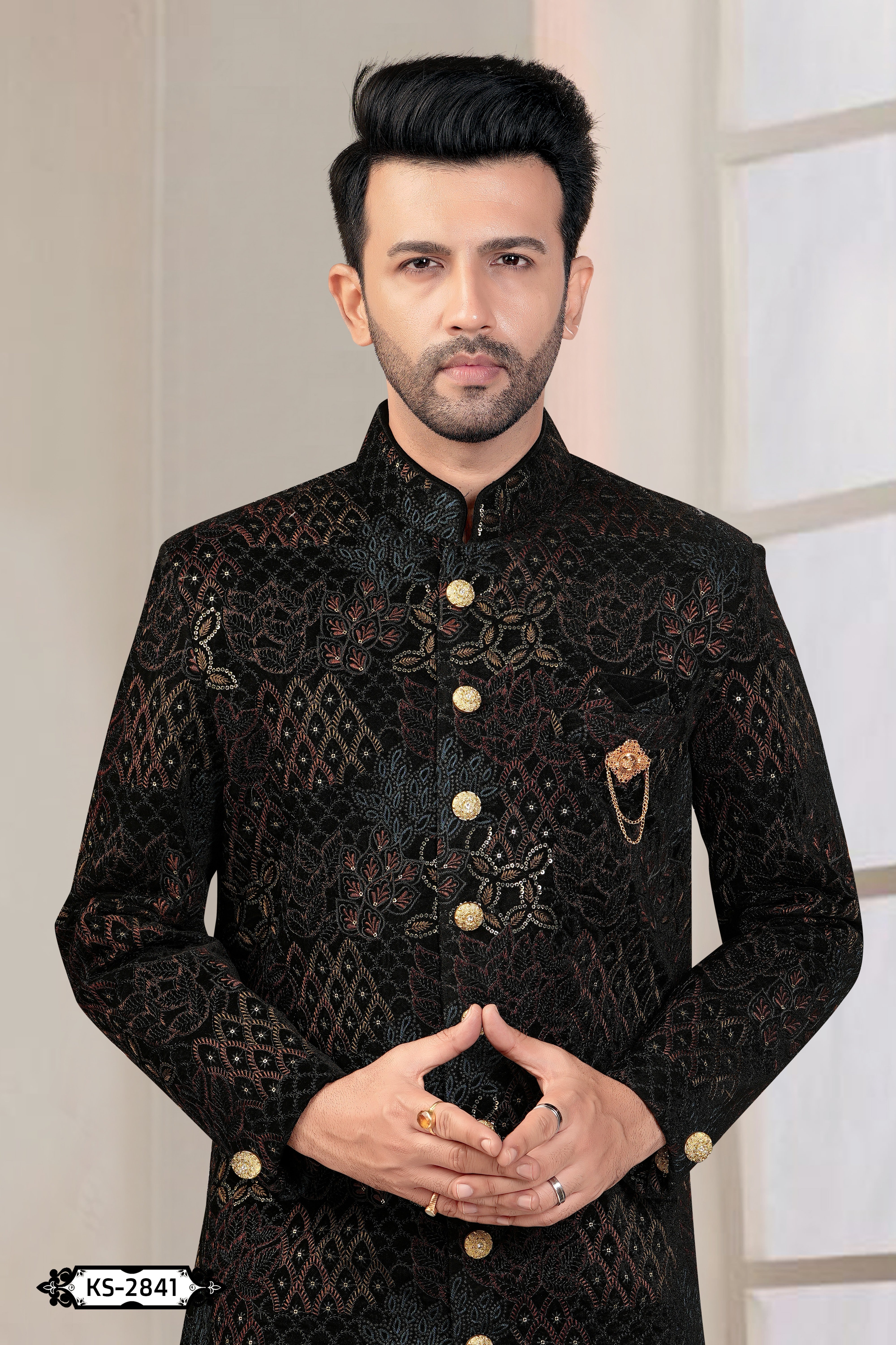 BLACK ( MULTI-TONE ) INDO-WESTERN SET WITH THREAD EMBROIDERY ALL-OVER