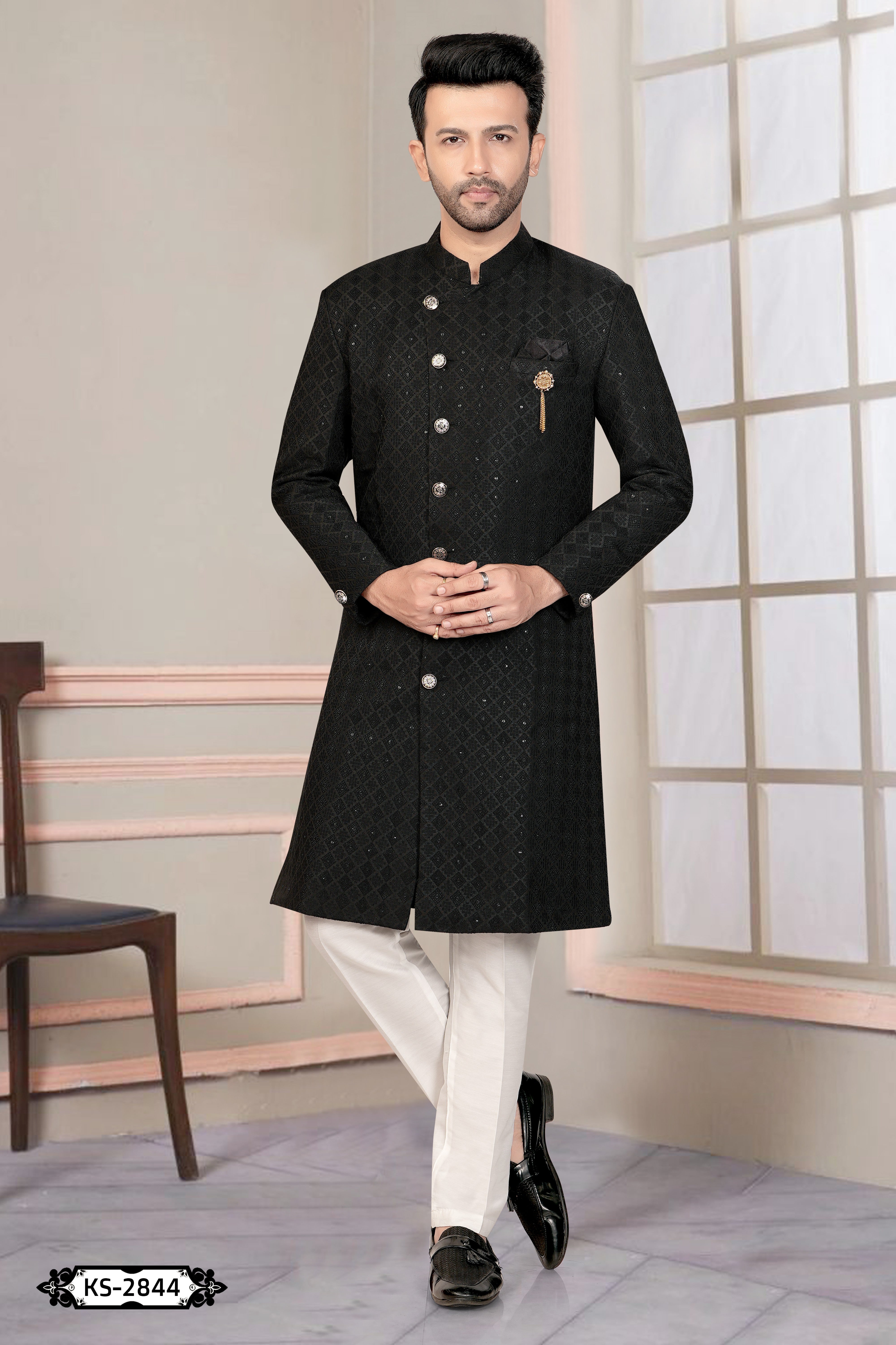 BLACK HUE INDO-WESTERN SET WITH SELF-DESIGN IN UNIQUE PATTERN