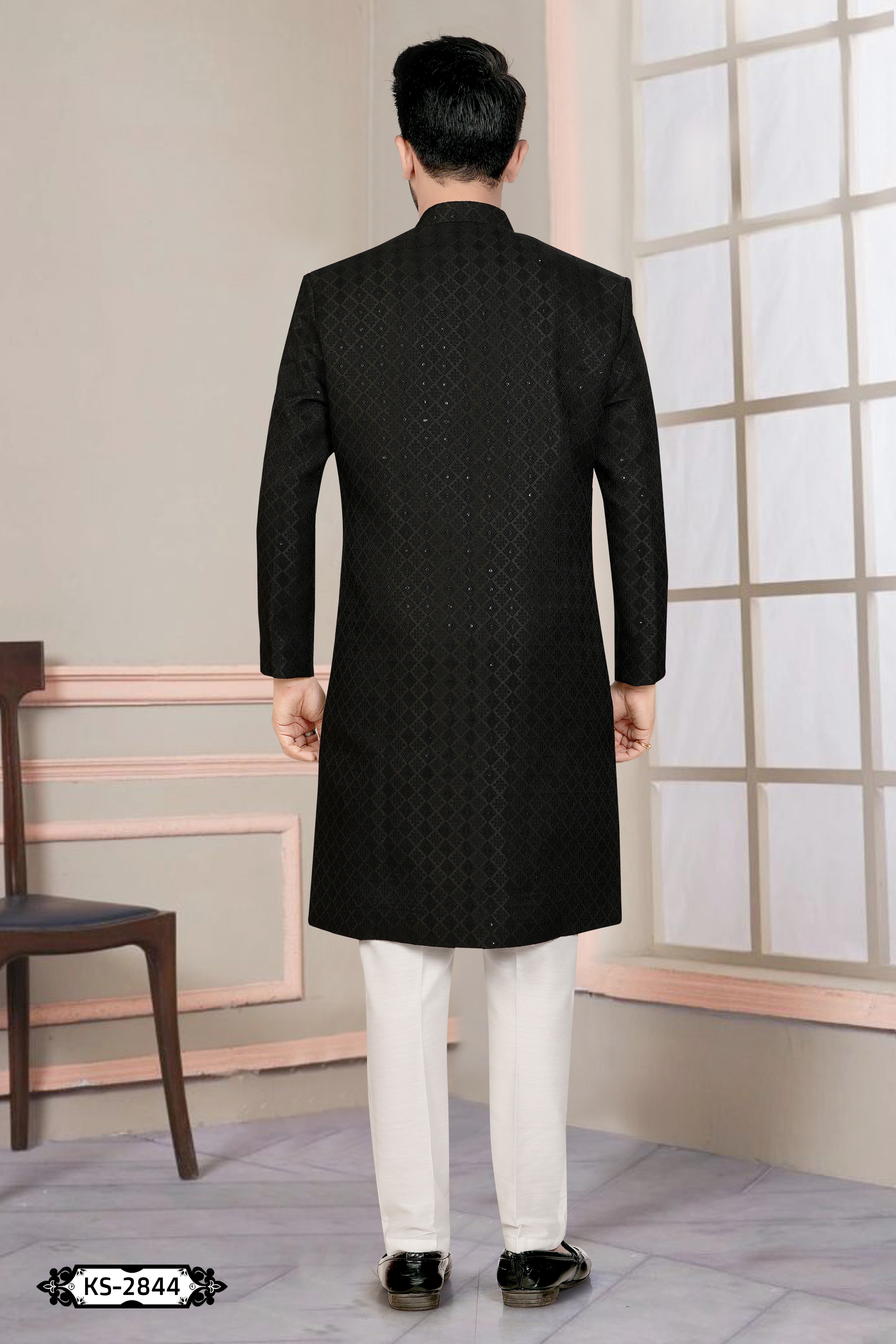 BLACK HUE INDO-WESTERN SET WITH SELF-DESIGN IN UNIQUE PATTERN