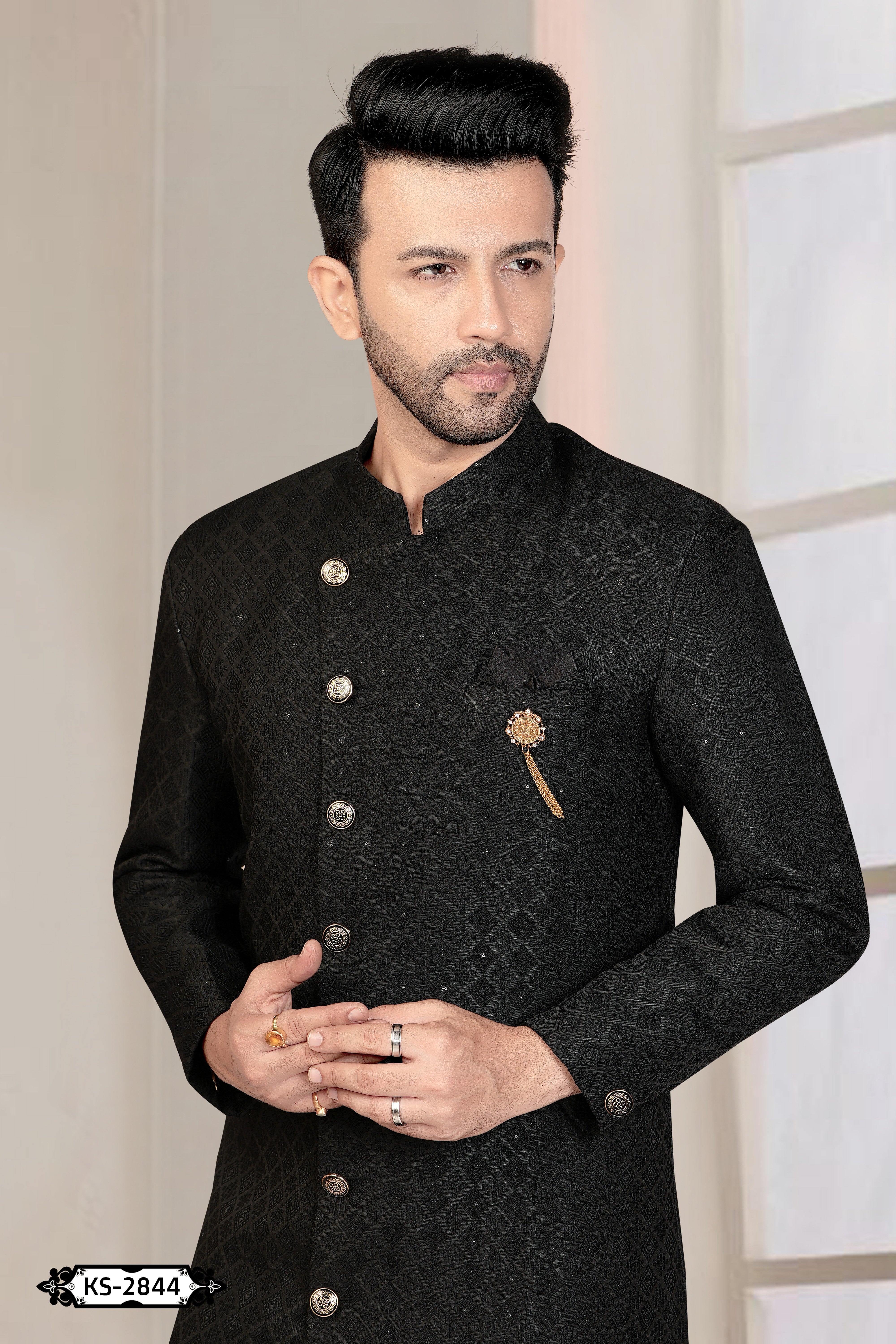 BLACK HUE INDO-WESTERN SET WITH SELF-DESIGN IN UNIQUE PATTERN