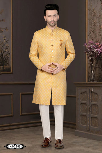 YELLOW TONE INDO-WESTERN SET WITH SELF-DESIGN FOR EVERY CEREMONIES