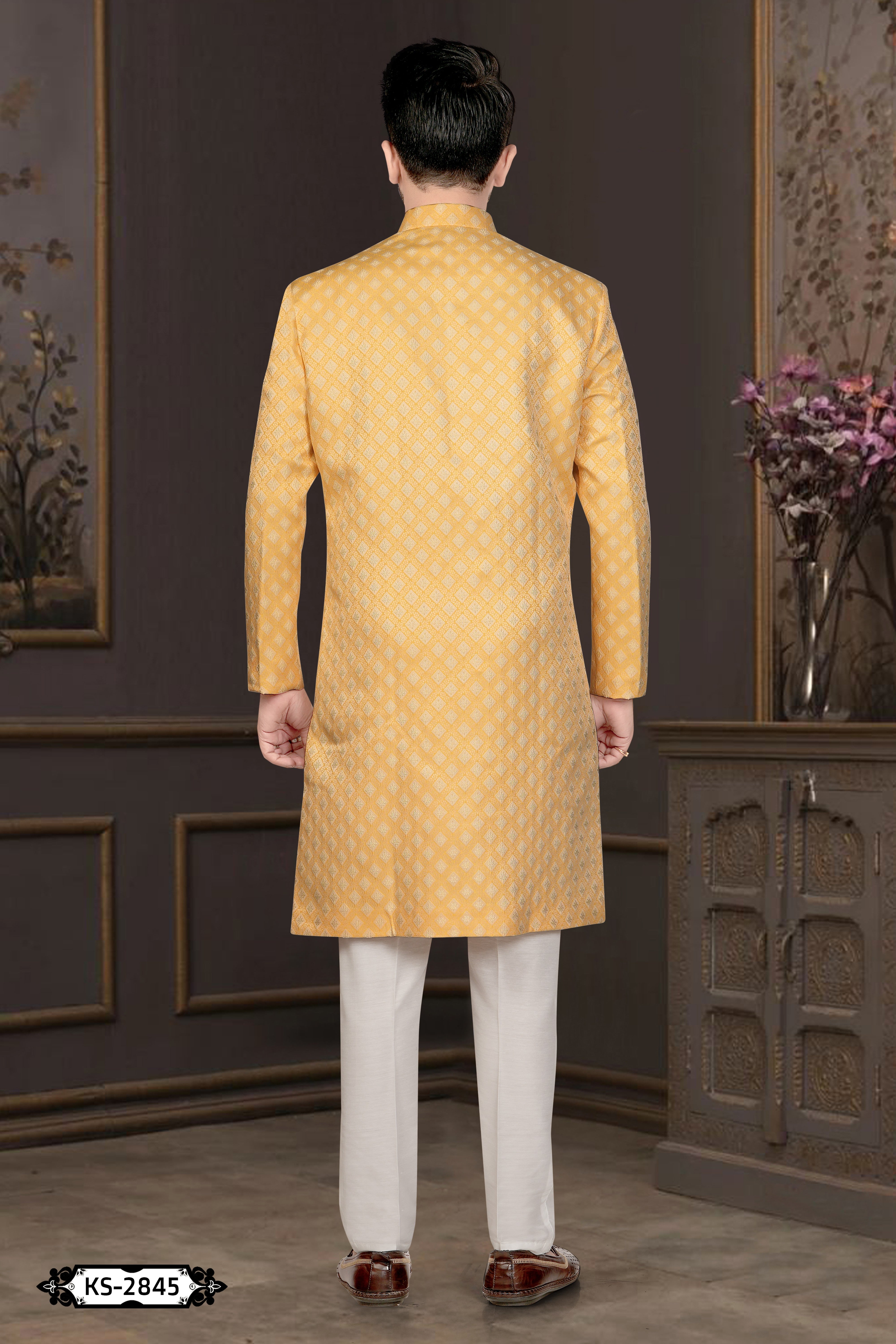 YELLOW TONE INDO-WESTERN SET WITH SELF-DESIGN FOR EVERY CEREMONIES