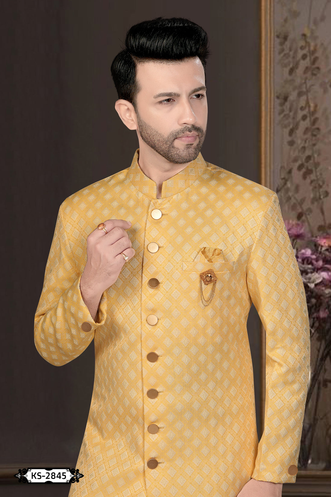 YELLOW TONE INDO-WESTERN SET WITH SELF-DESIGN FOR EVERY CEREMONIES
