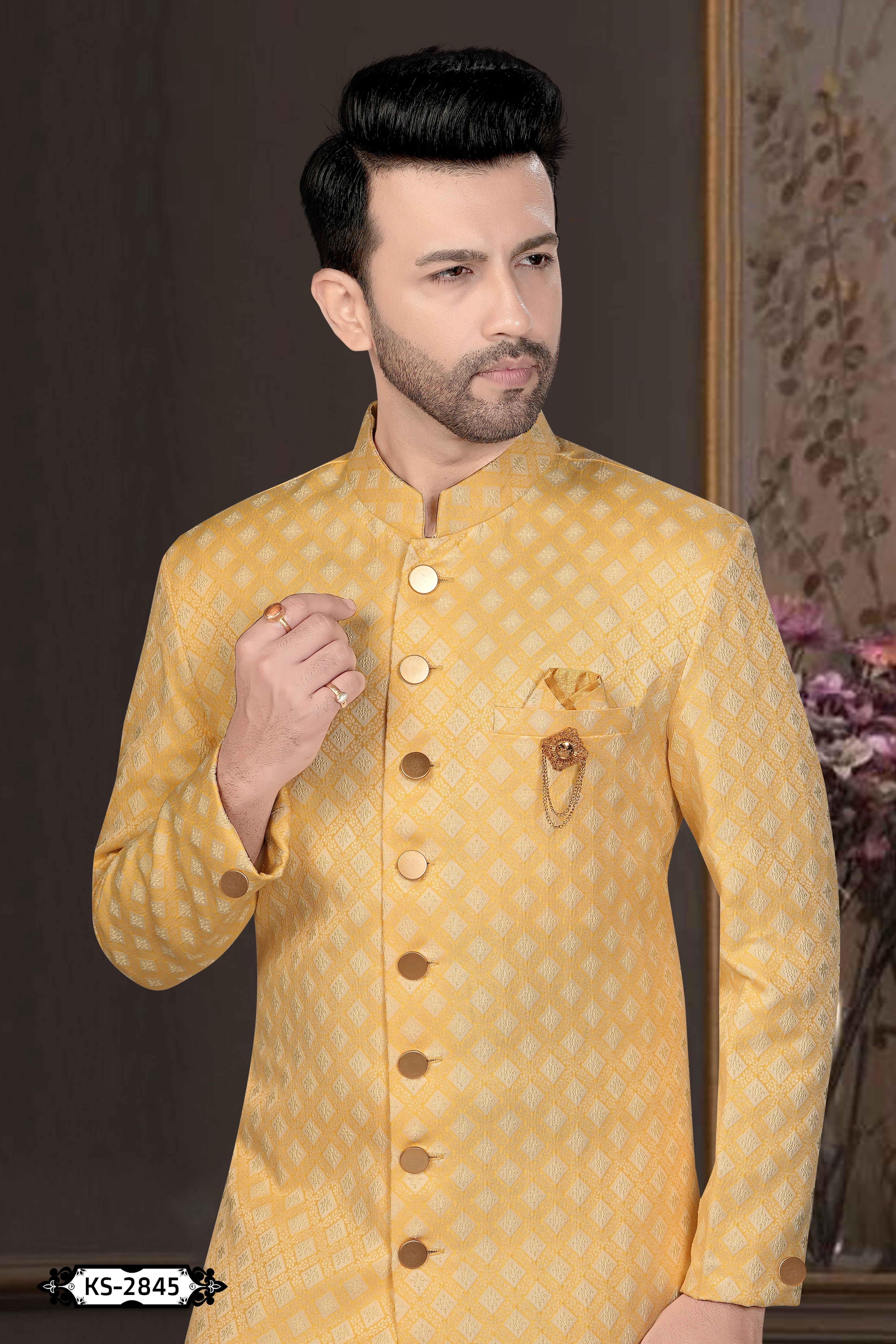 YELLOW TONE INDO-WESTERN SET WITH SELF-DESIGN FOR EVERY CEREMONIES