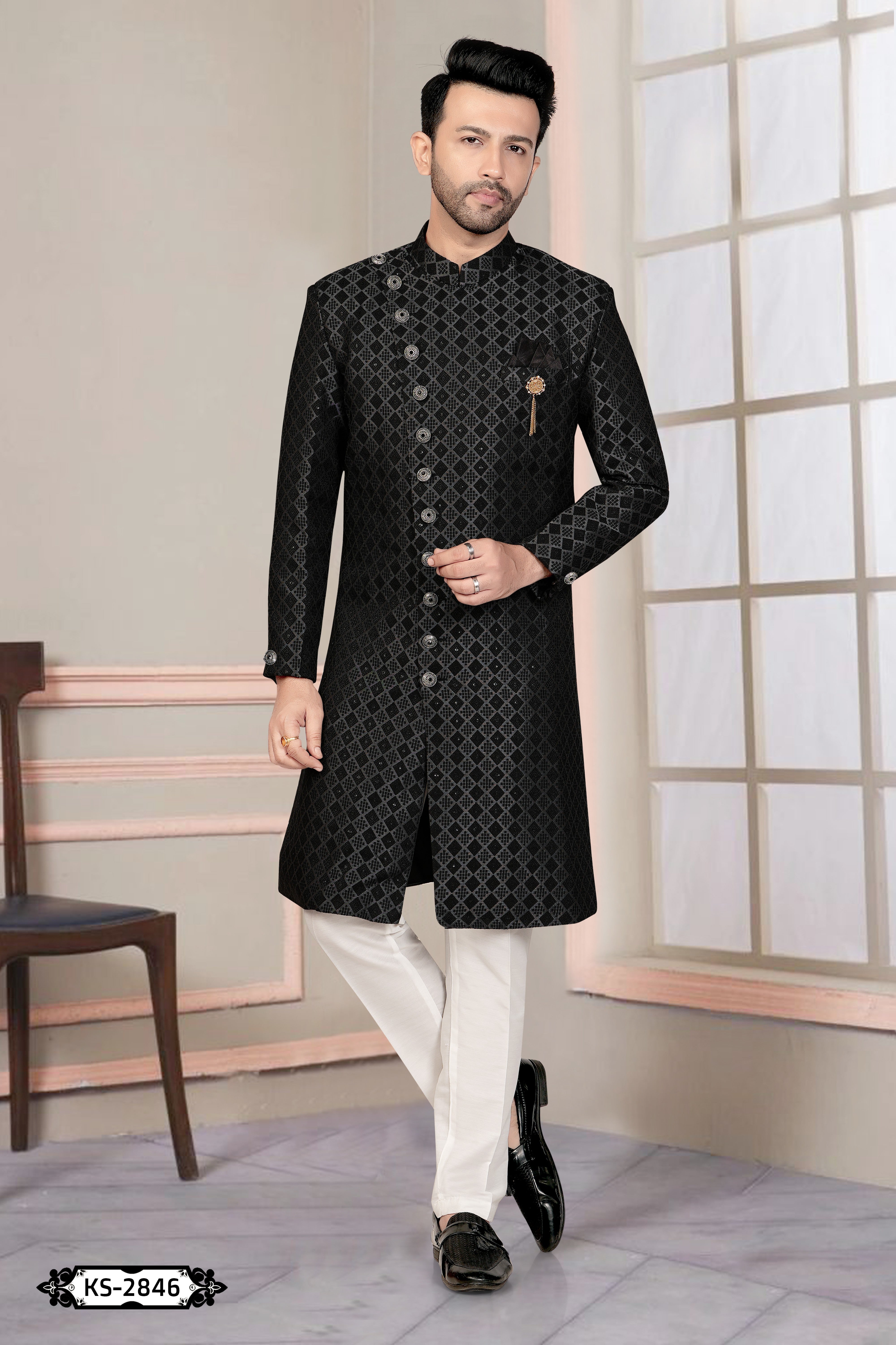 UNIQUE PATTERN INDO-WESTERN SET IN BLACK WITH SELF-DESIGN