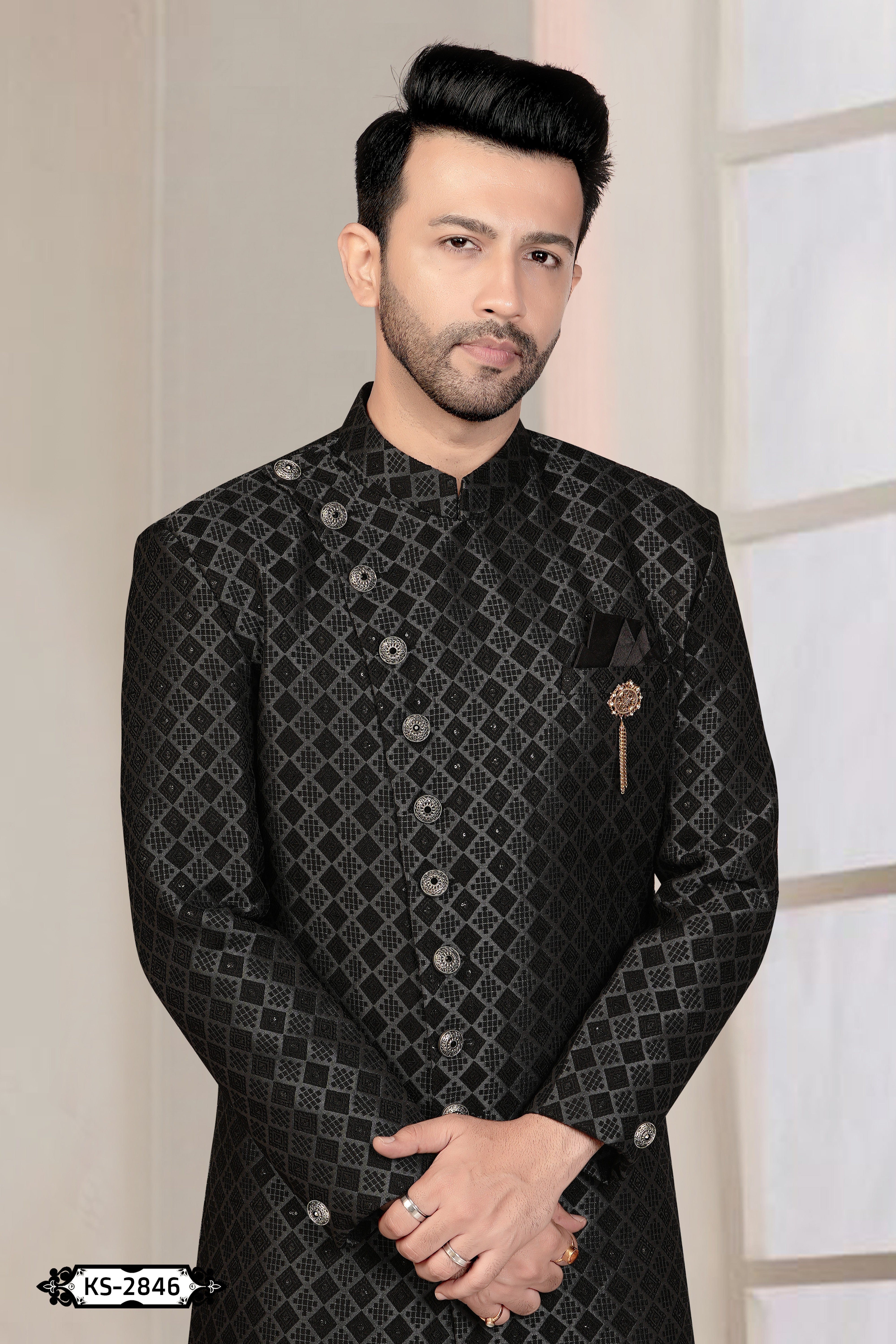 UNIQUE PATTERN INDO-WESTERN SET IN BLACK WITH SELF-DESIGN