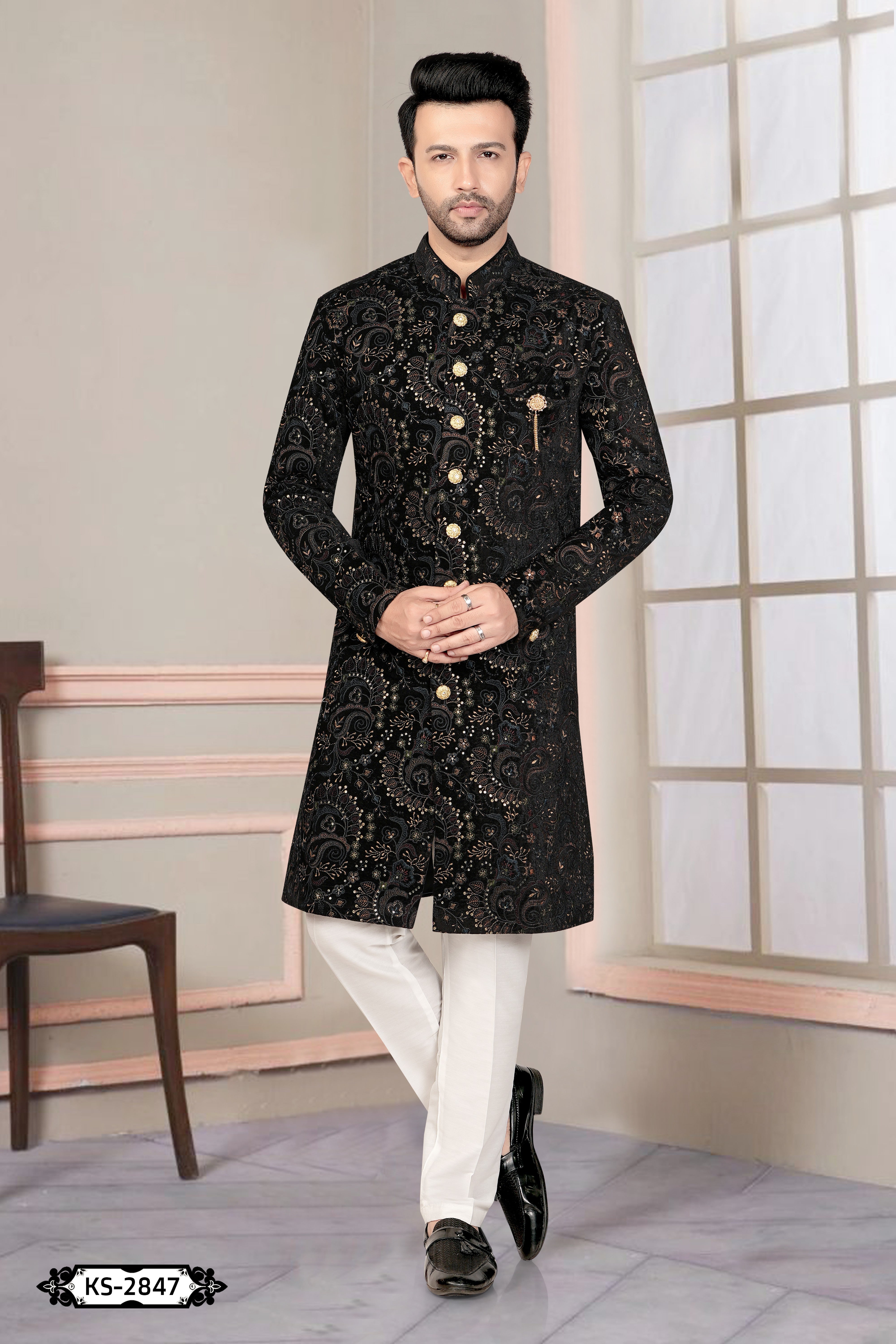 BLACK-BASE ( MULTI-TONE ) INDO-WESTERN SET WITH THREAD EMBROIDERY ALL-OVER