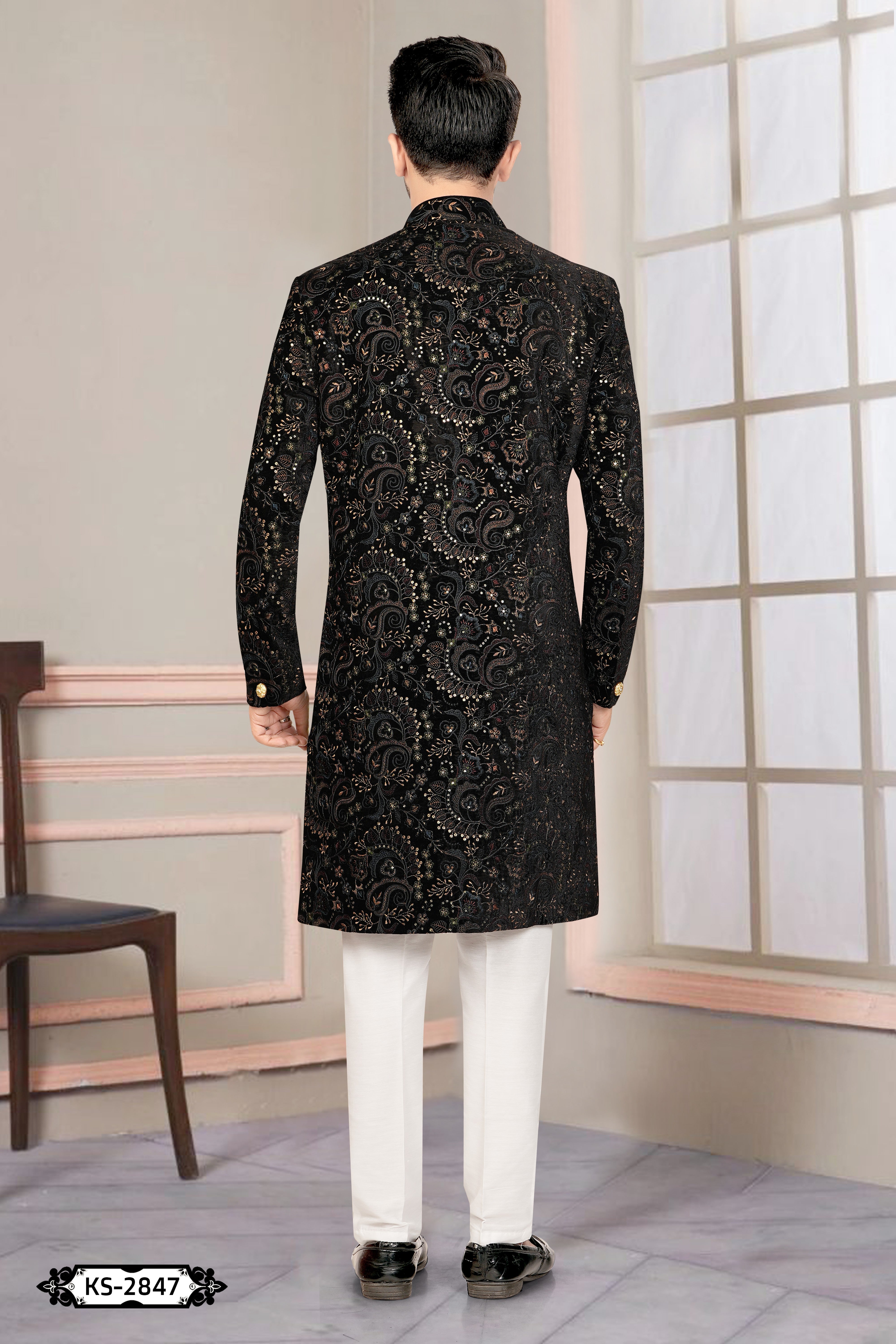 BLACK-BASE ( MULTI-TONE ) INDO-WESTERN SET WITH THREAD EMBROIDERY ALL-OVER