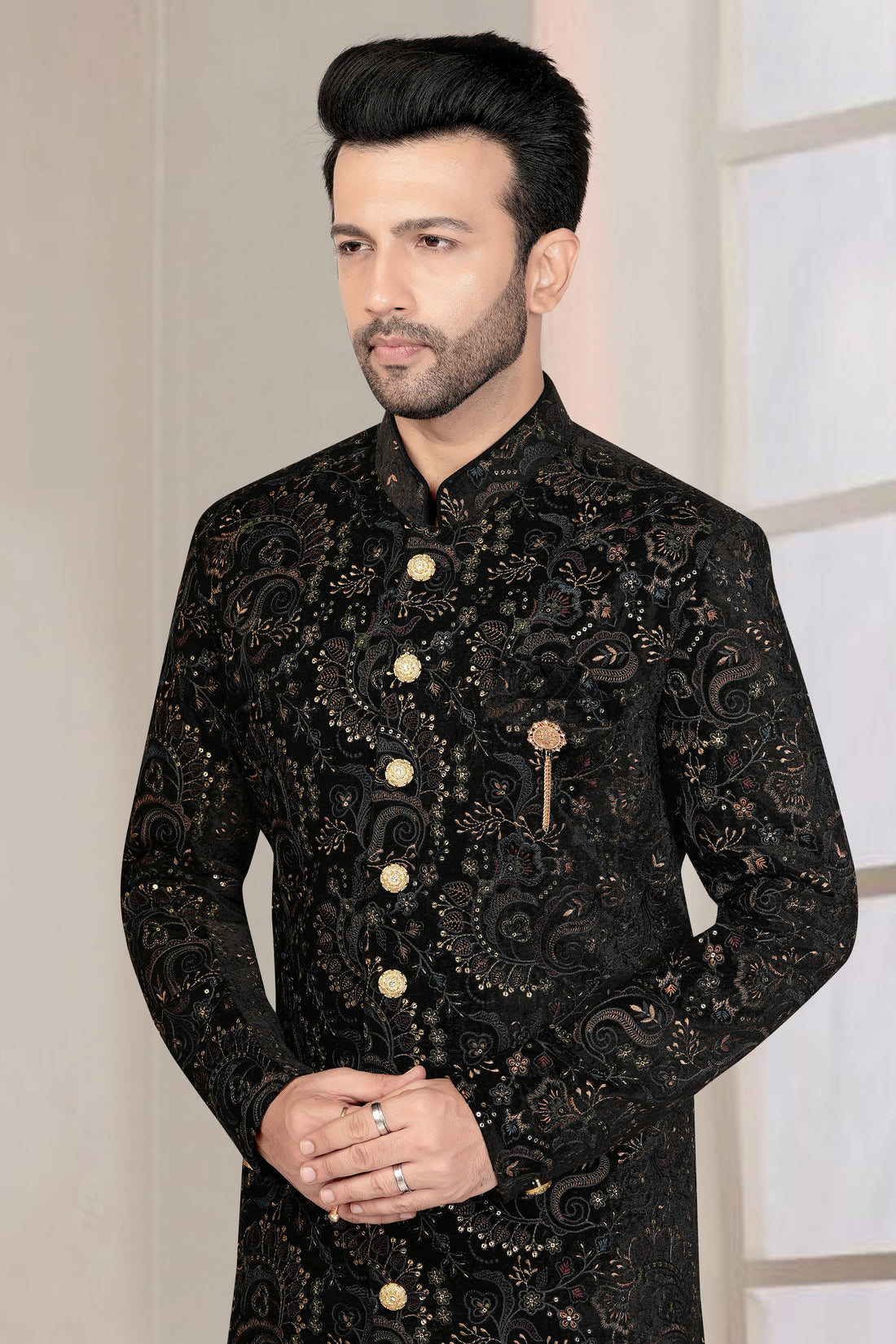 BLACK-BASE ( MULTI-TONE ) INDO-WESTERN SET WITH THREAD EMBROIDERY ALL-OVER