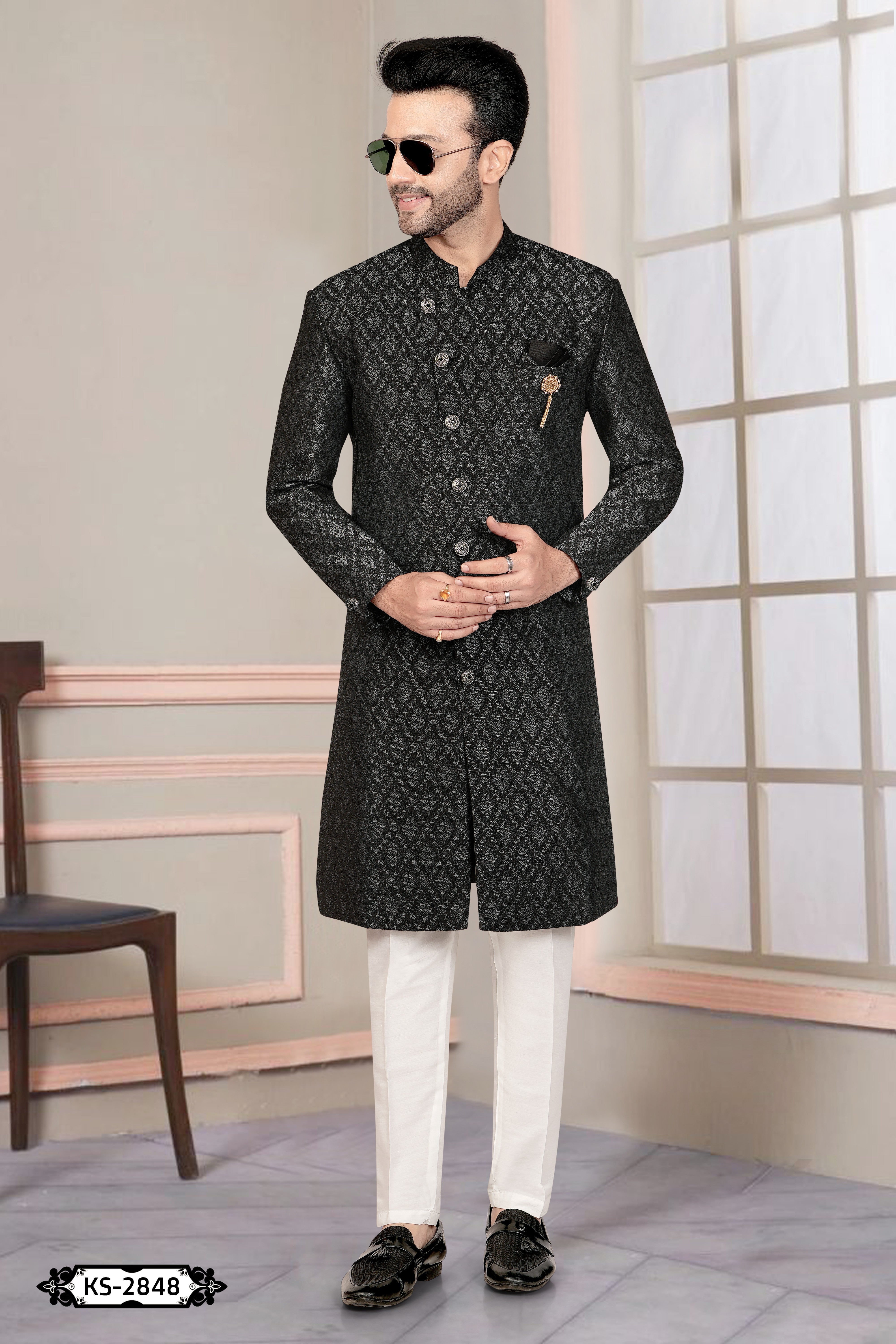 UNIQUE STYLE INDO-WESTERN SET IN BLACK TONE WITH SELF-DESIGN
