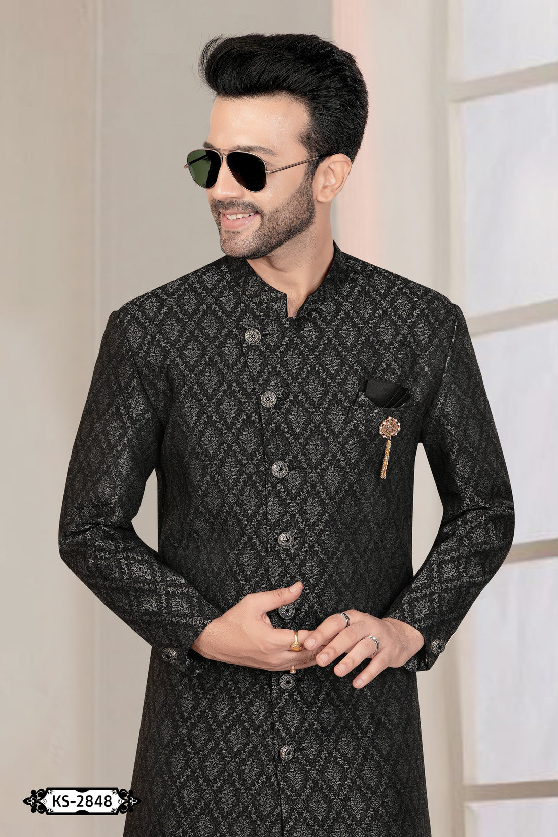 UNIQUE STYLE INDO-WESTERN SET IN BLACK TONE WITH SELF-DESIGN