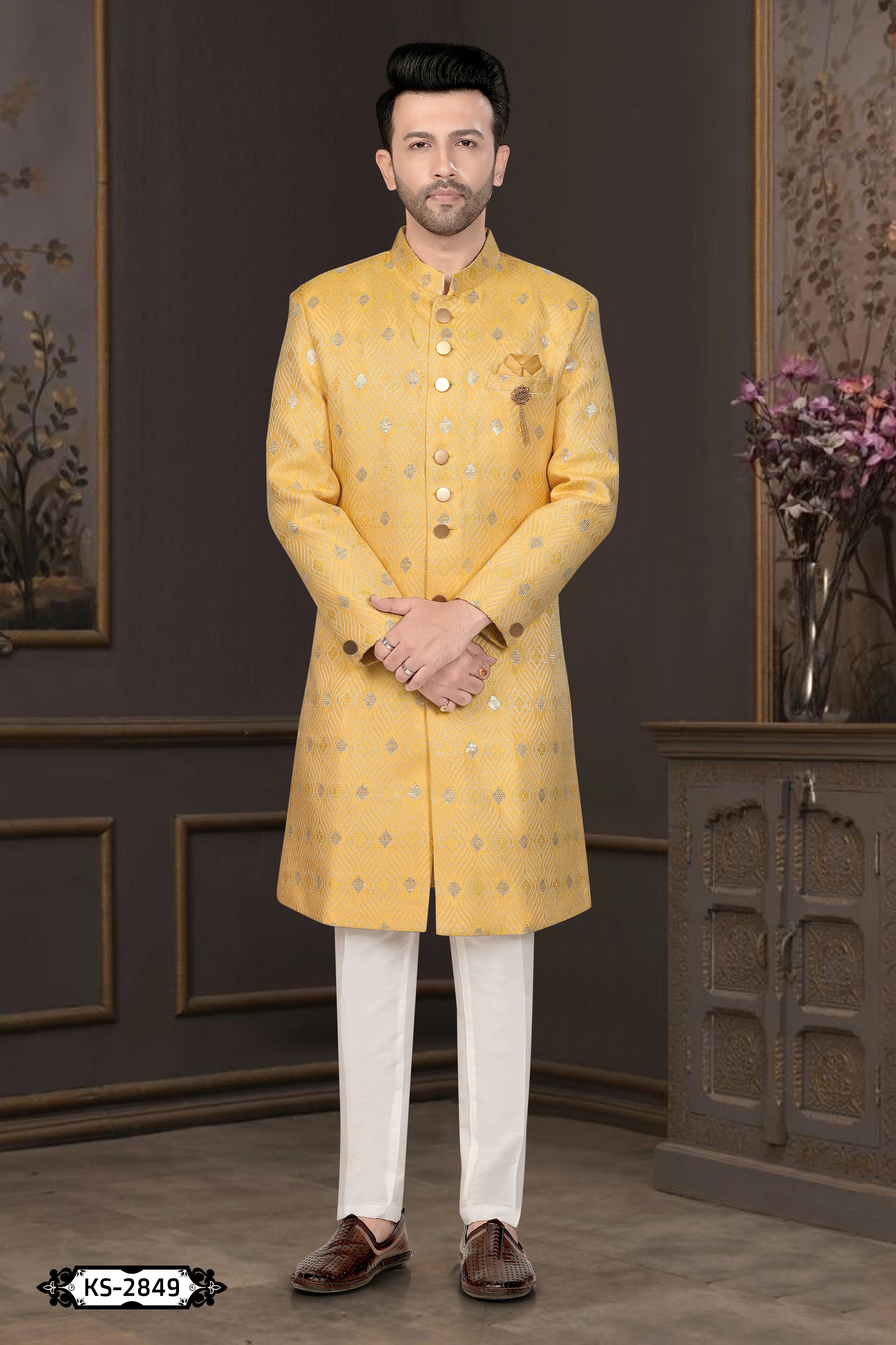 YELLOW HUE INDO-WESTERN SET WITH SELF-DESIGN