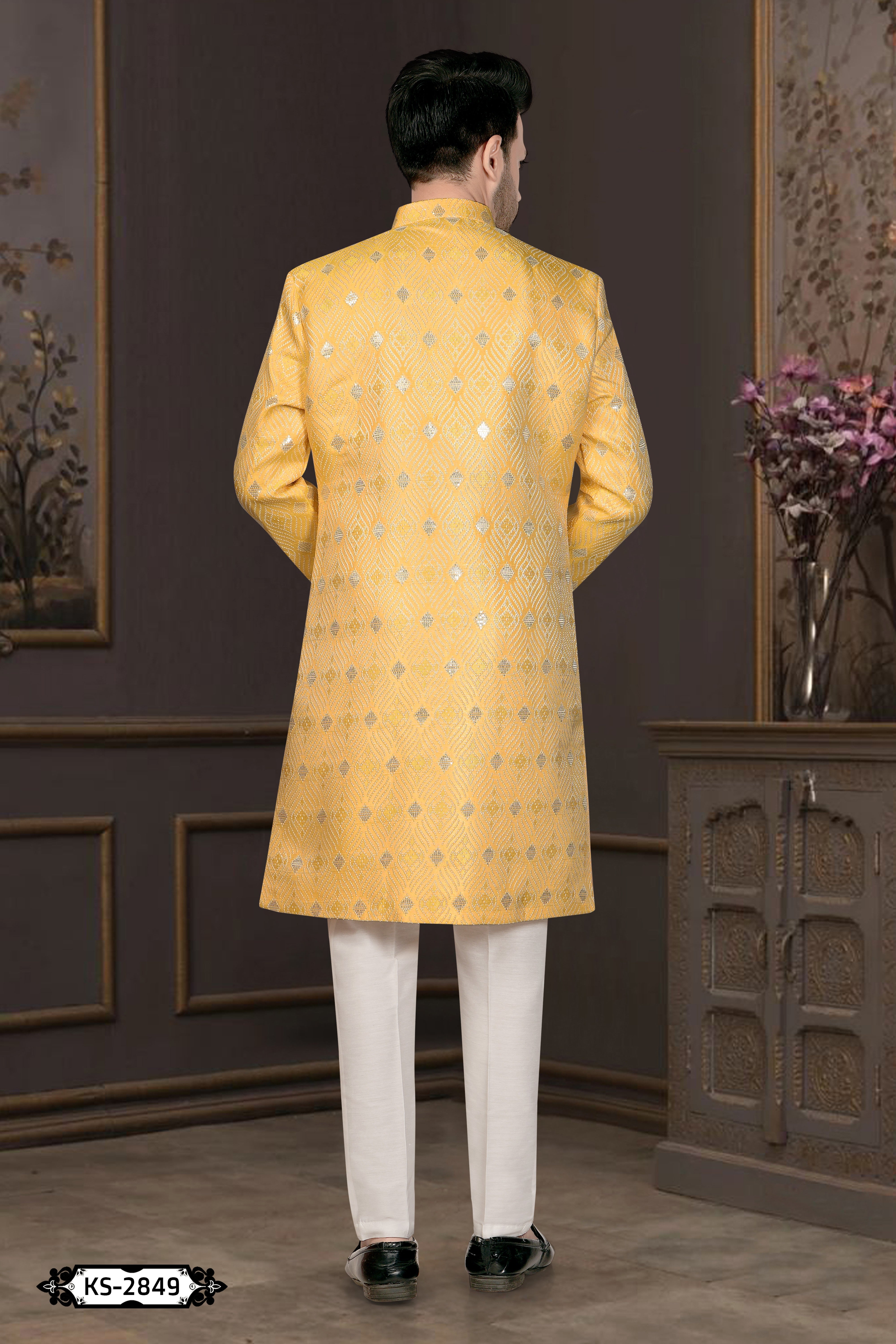 YELLOW HUE INDO-WESTERN SET WITH SELF-DESIGN