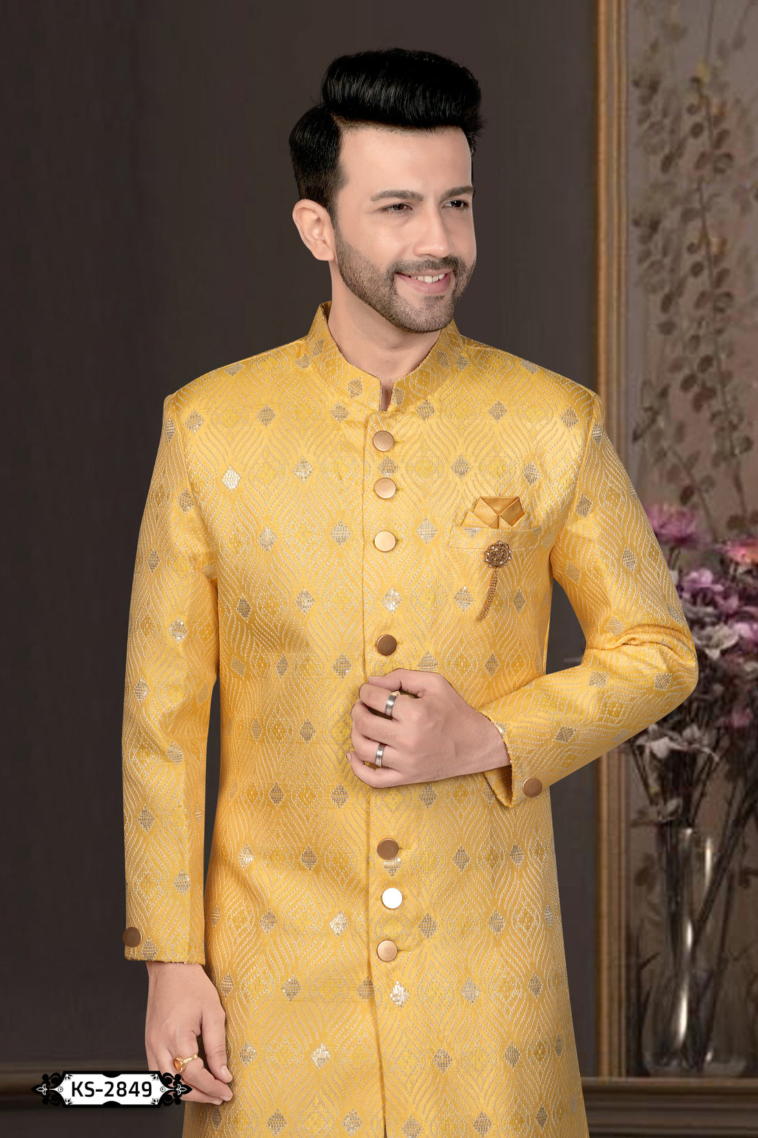 YELLOW HUE INDO-WESTERN SET WITH SELF-DESIGN