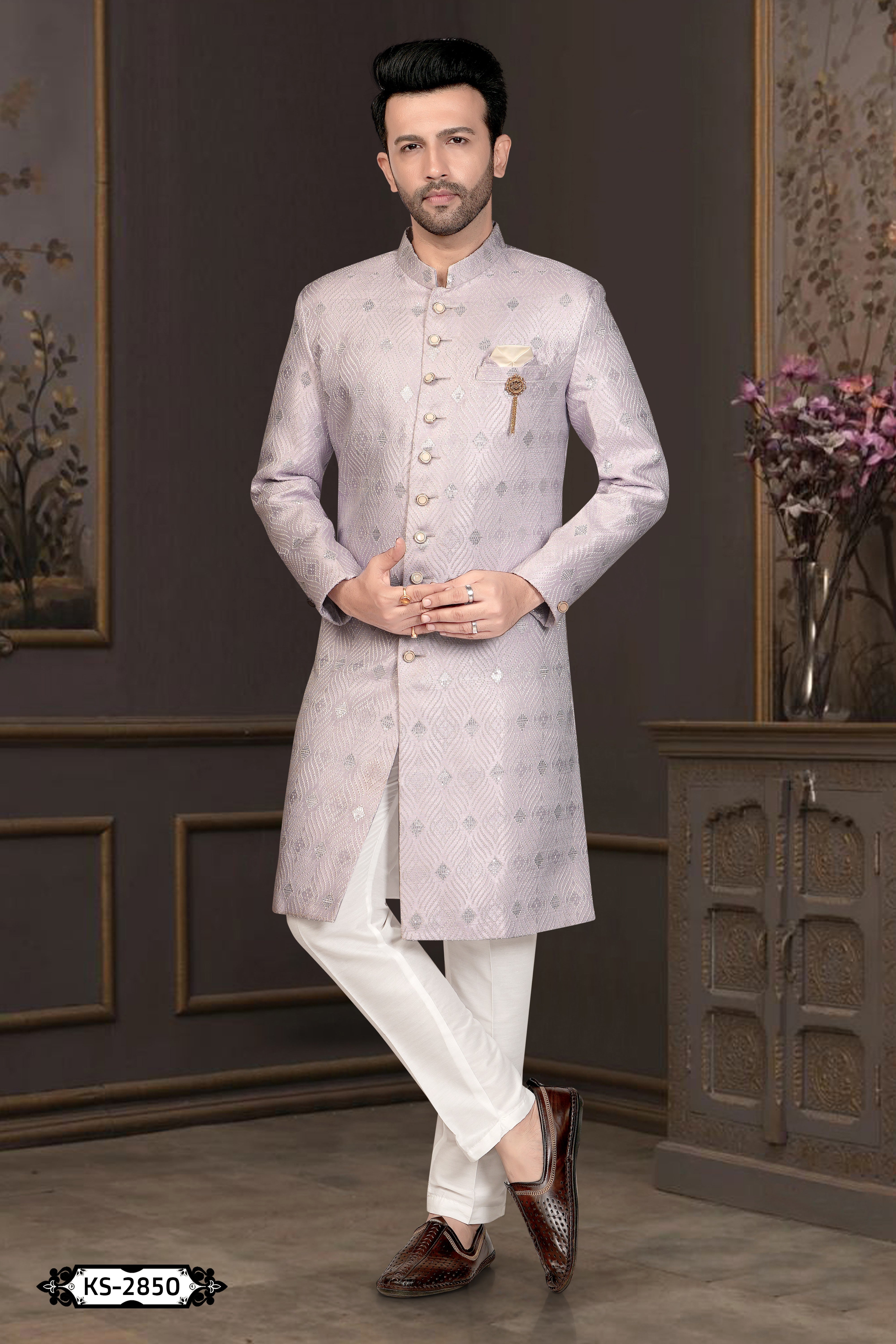ONION-PINK HUE INDO-WESTERN SET WITH SELF-DESIGN