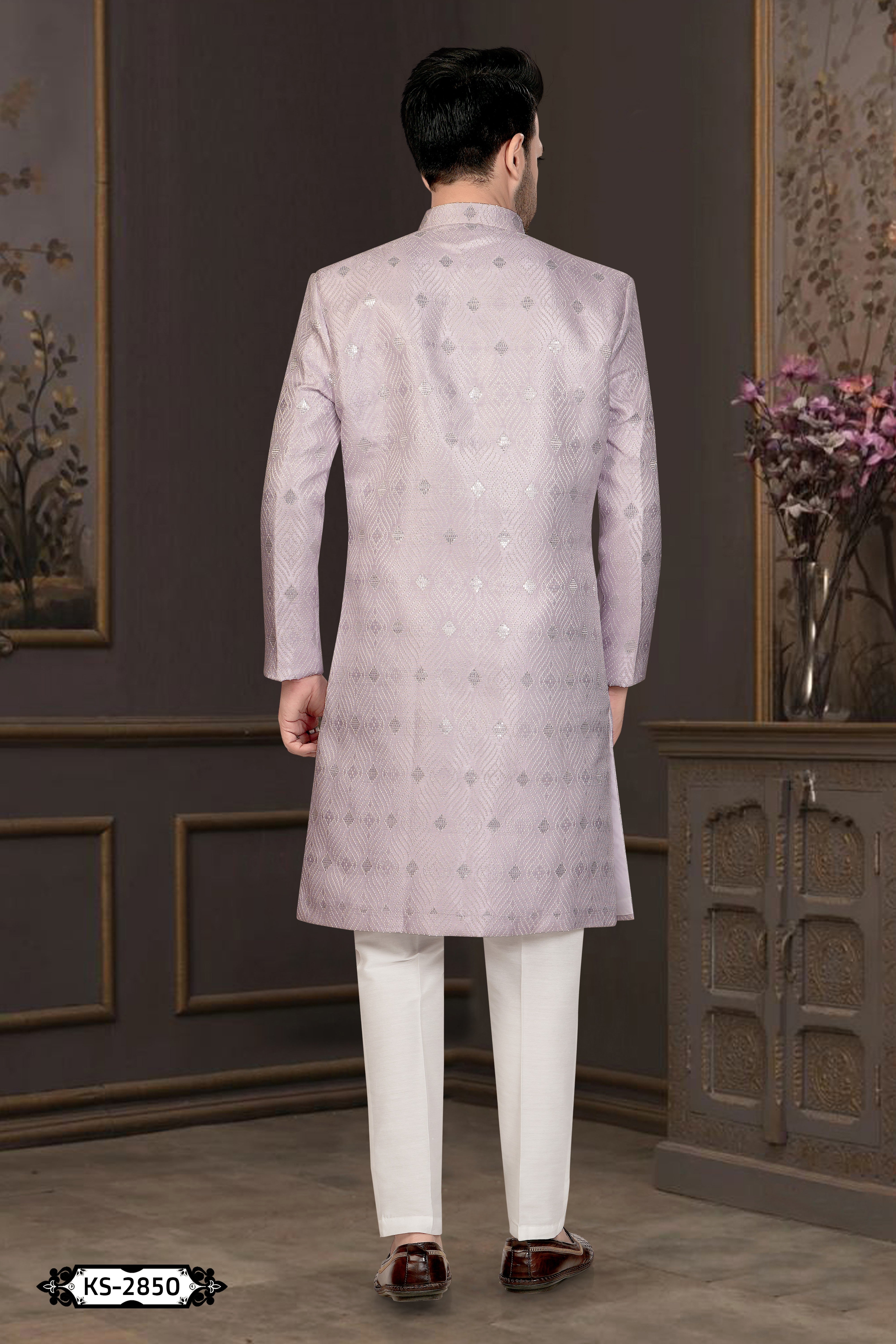 ONION-PINK HUE INDO-WESTERN SET WITH SELF-DESIGN