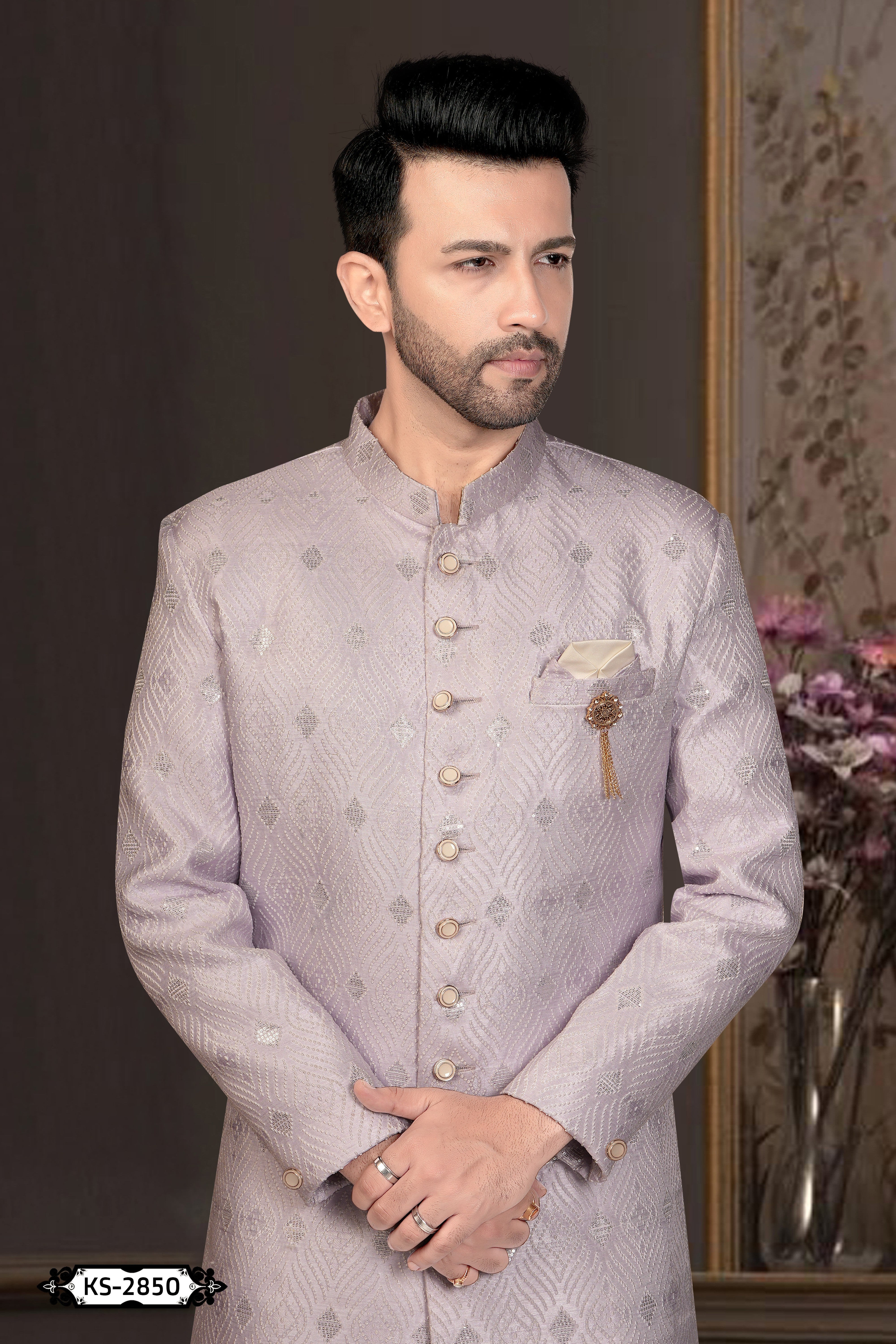 ONION-PINK HUE INDO-WESTERN SET WITH SELF-DESIGN