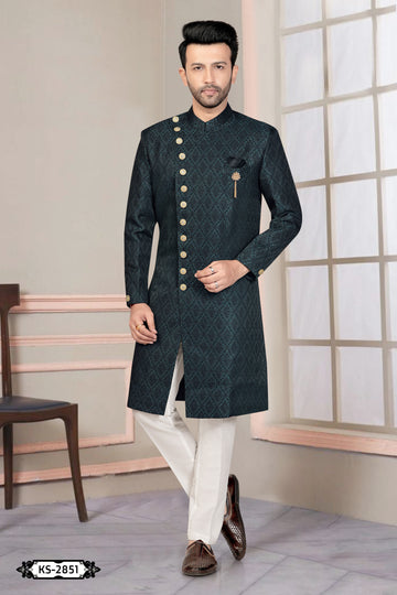 UNIQUE PATTERN INDO-WESTERN SET IN TEAL-GREEN HUE WITH SELF-DESIGN