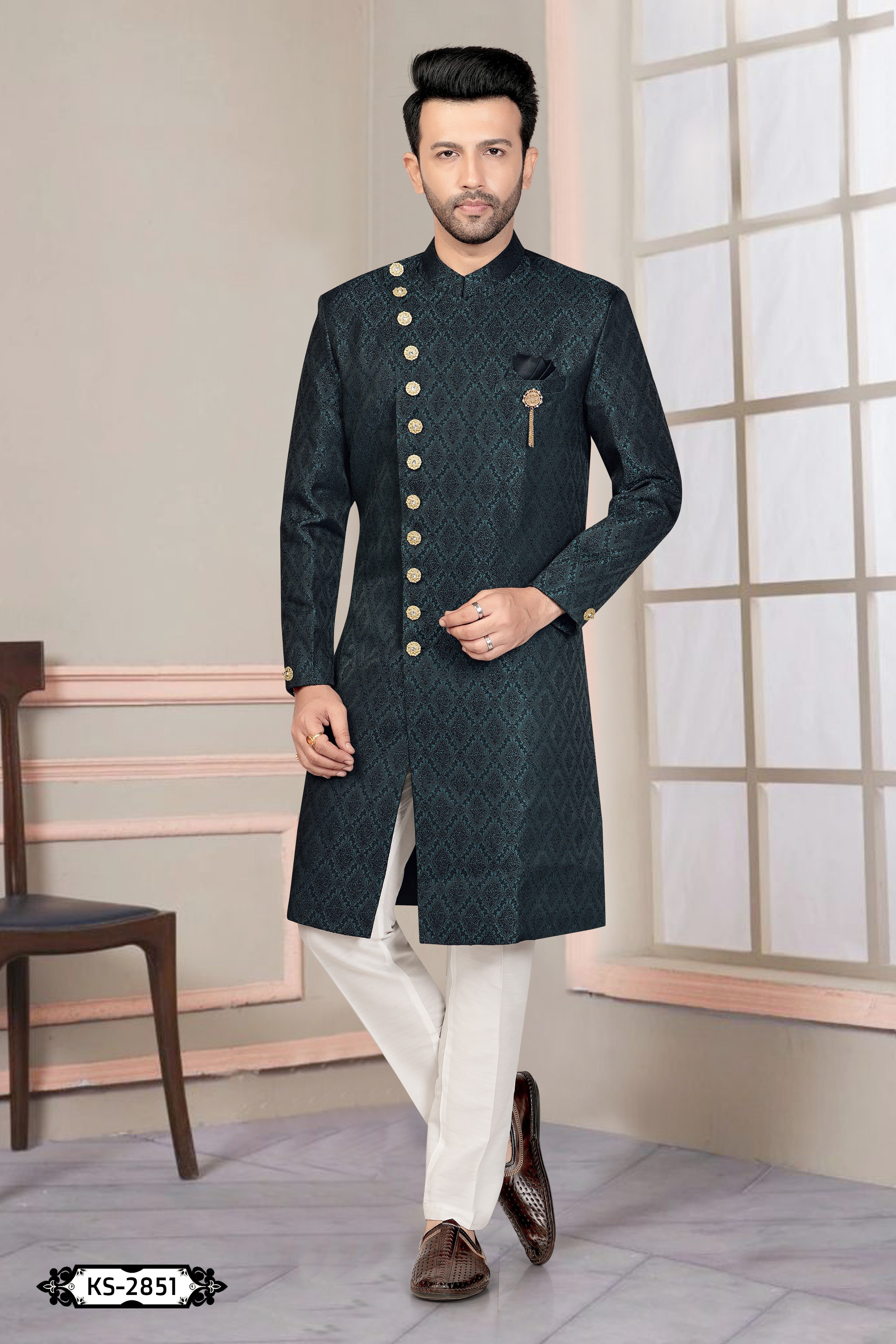UNIQUE PATTERN INDO-WESTERN SET IN TEAL-GREEN HUE WITH SELF-DESIGN