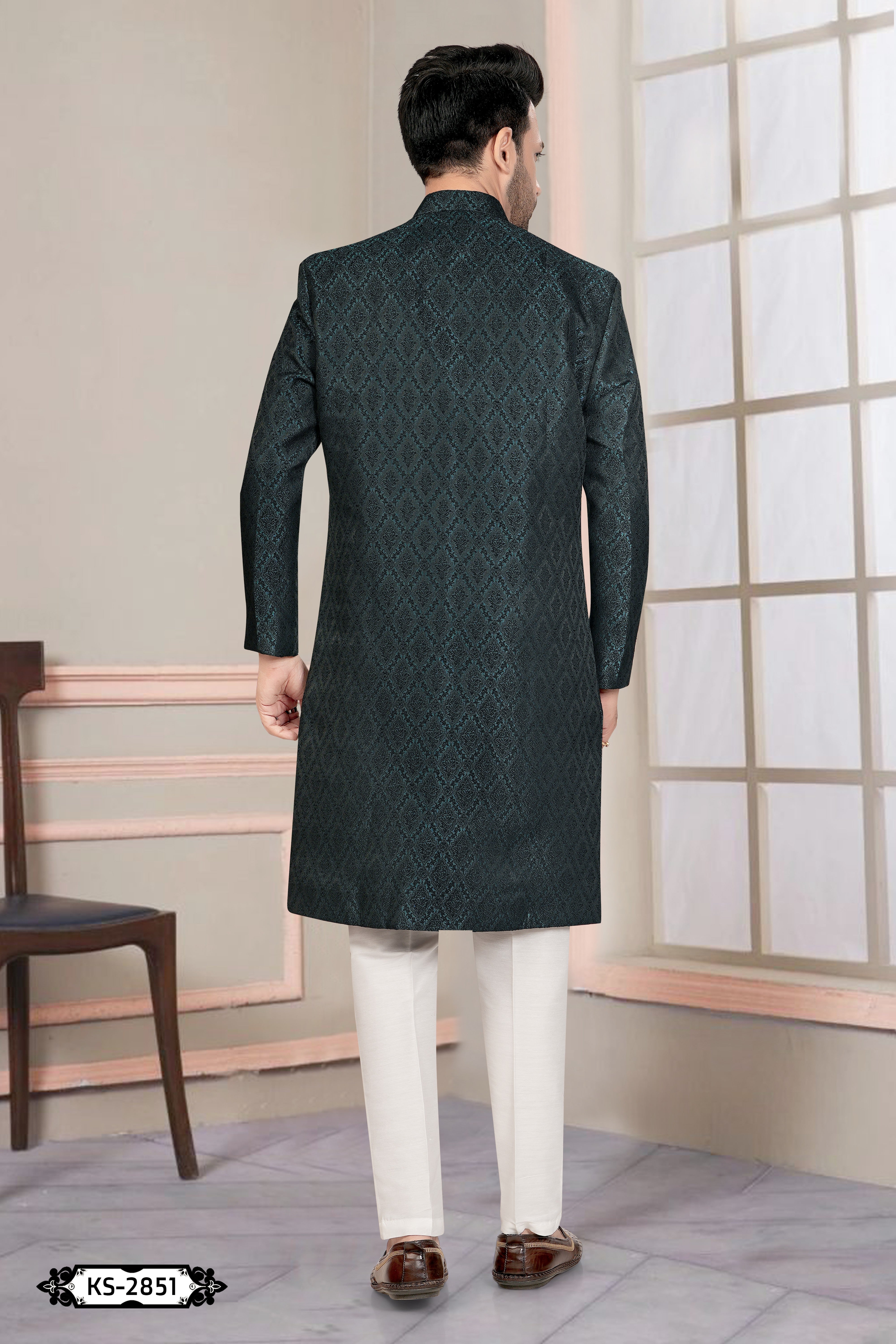 UNIQUE PATTERN INDO-WESTERN SET IN TEAL-GREEN HUE WITH SELF-DESIGN