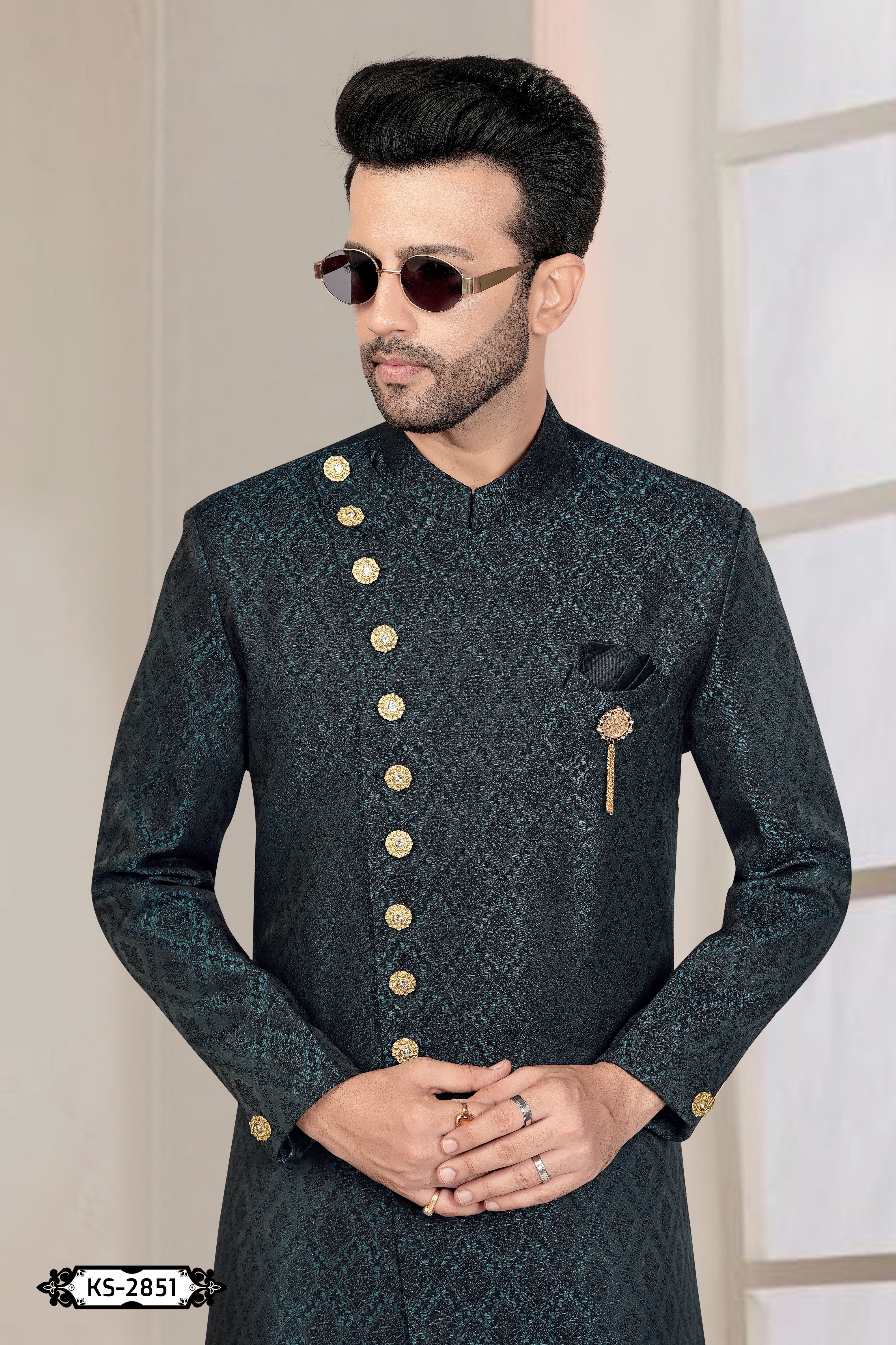 UNIQUE PATTERN INDO-WESTERN SET IN TEAL-GREEN HUE WITH SELF-DESIGN