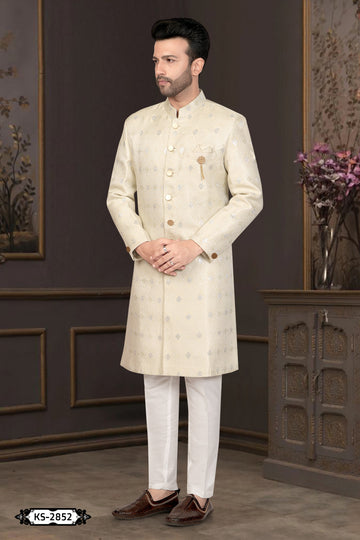 CREAMISH-GREEN TONE INDO-WESTERN SET WITH SELF-DESIGN