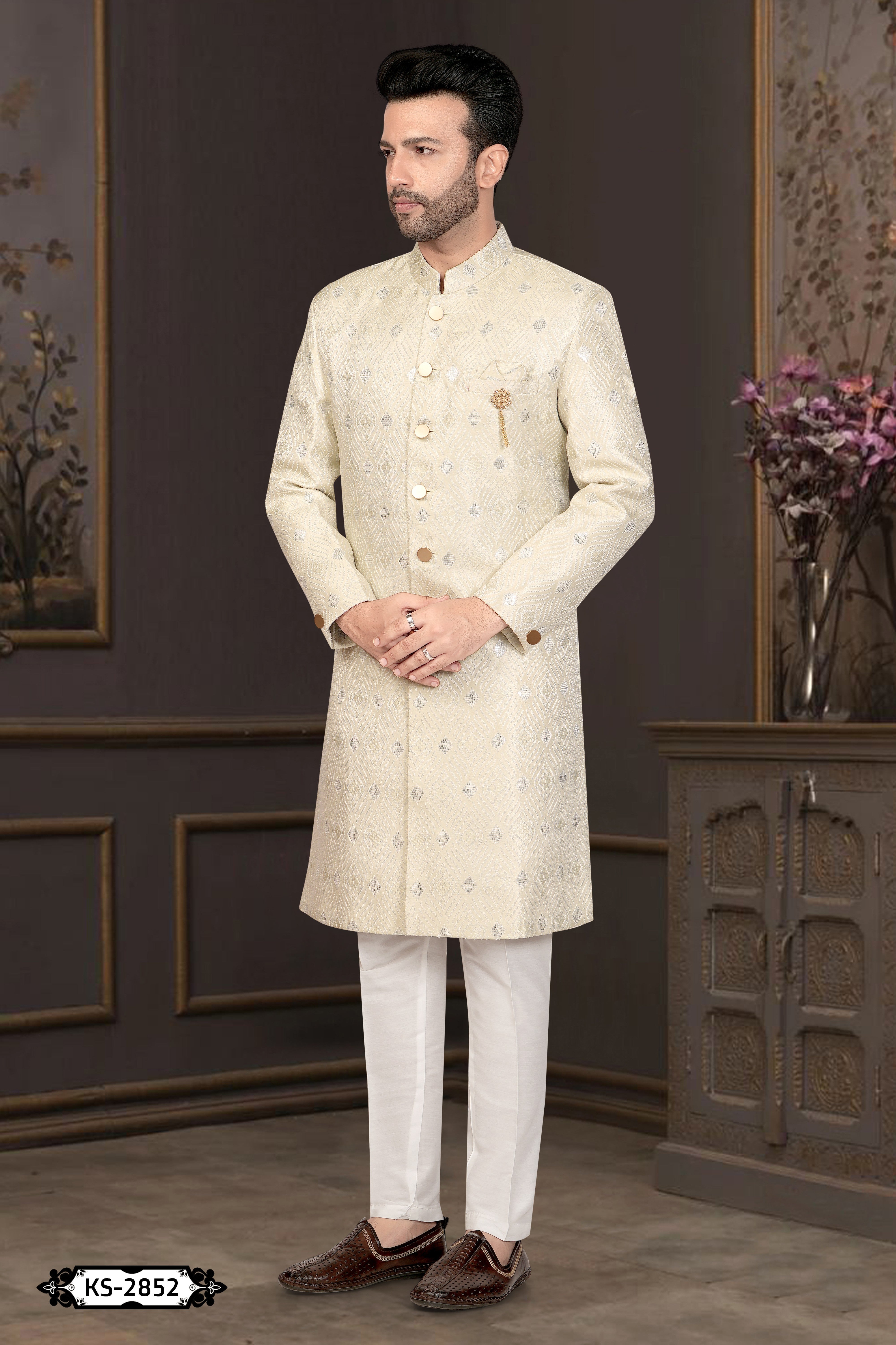 CREAMISH-GREEN TONE INDO-WESTERN SET WITH SELF-DESIGN