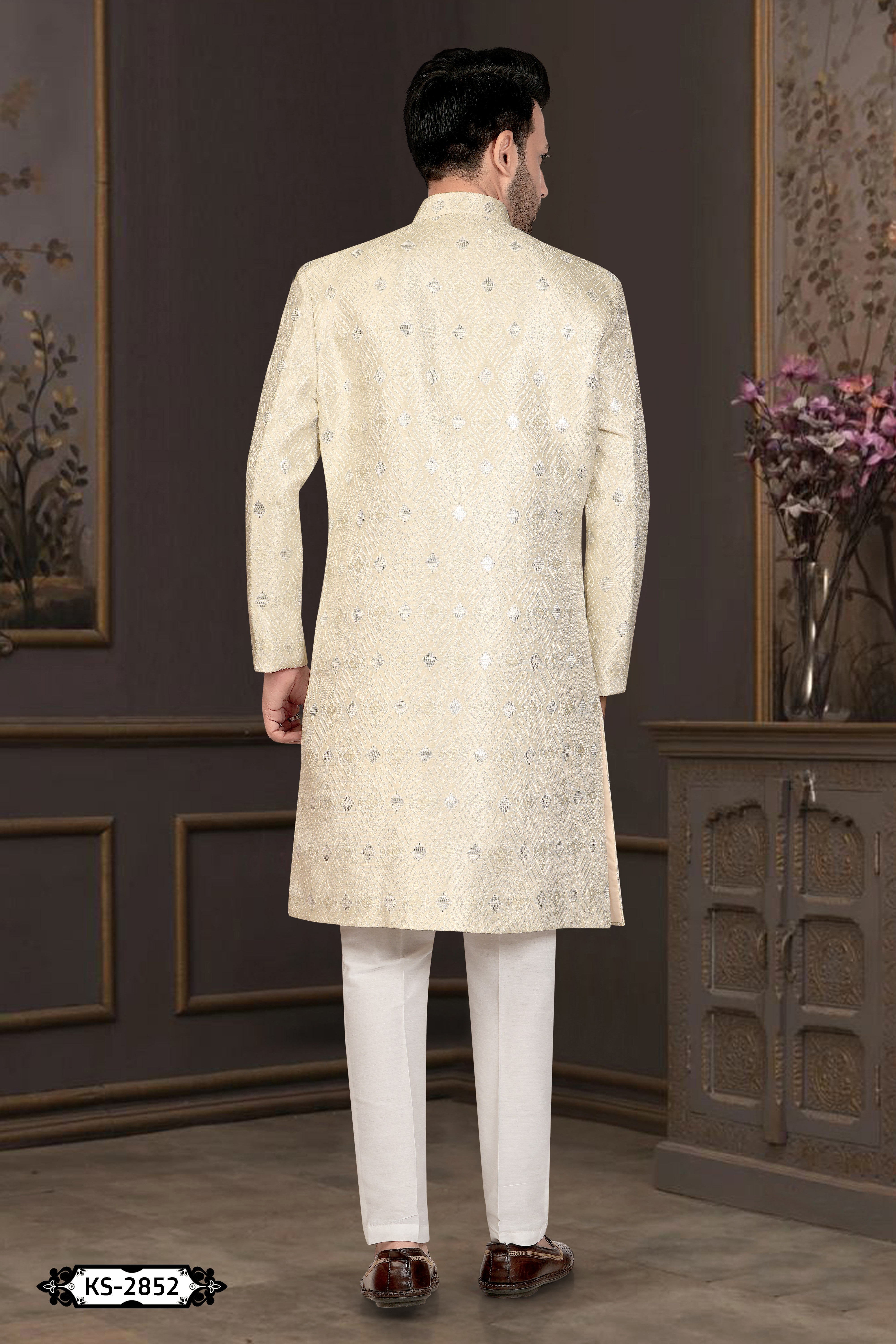 CREAMISH-GREEN TONE INDO-WESTERN SET WITH SELF-DESIGN