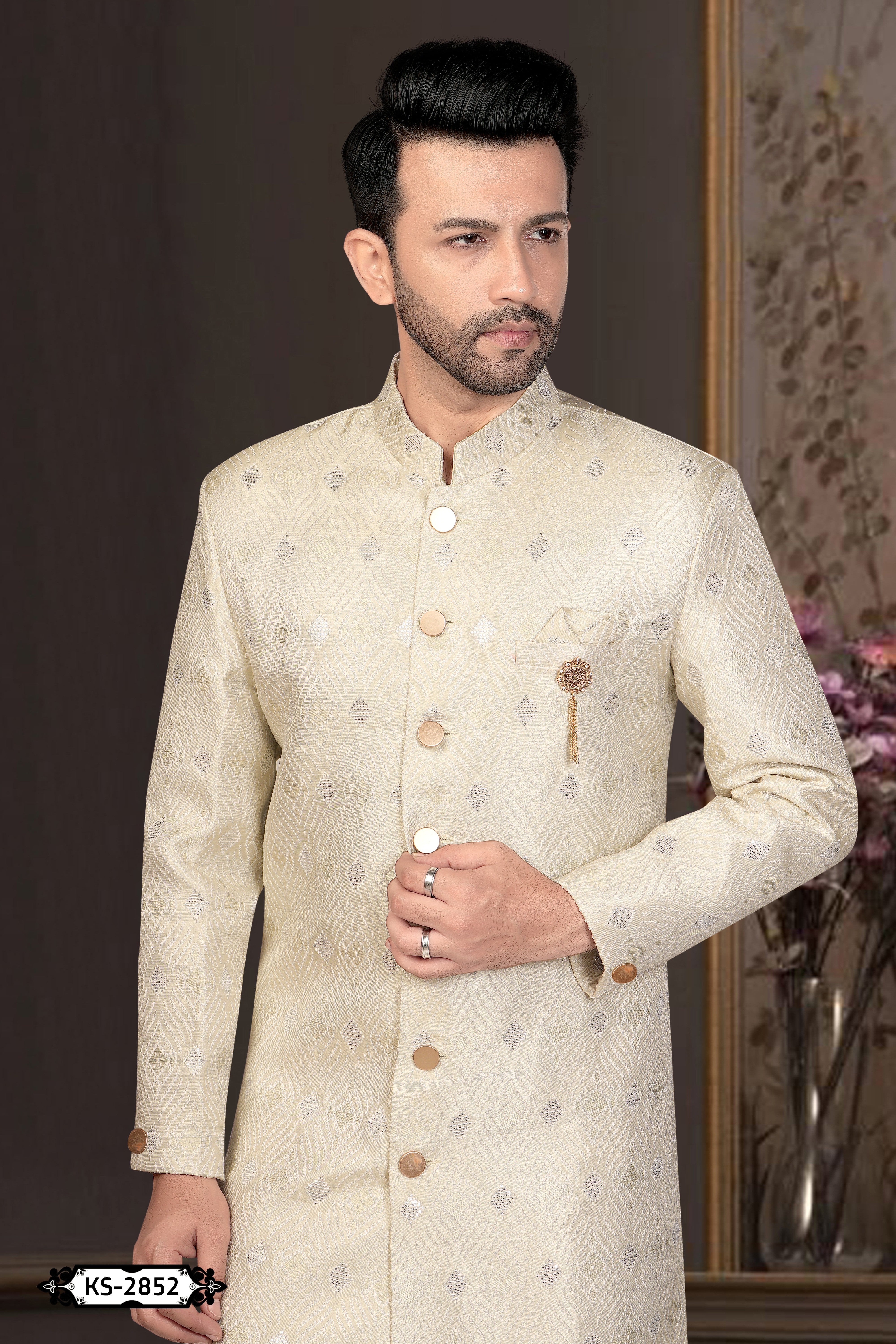 CREAMISH-GREEN TONE INDO-WESTERN SET WITH SELF-DESIGN
