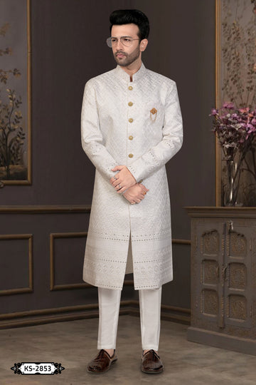 WHITE SHERWANI SET WITH HEAVY PANEL & THREAD EMBROIDERY ALL-OVER